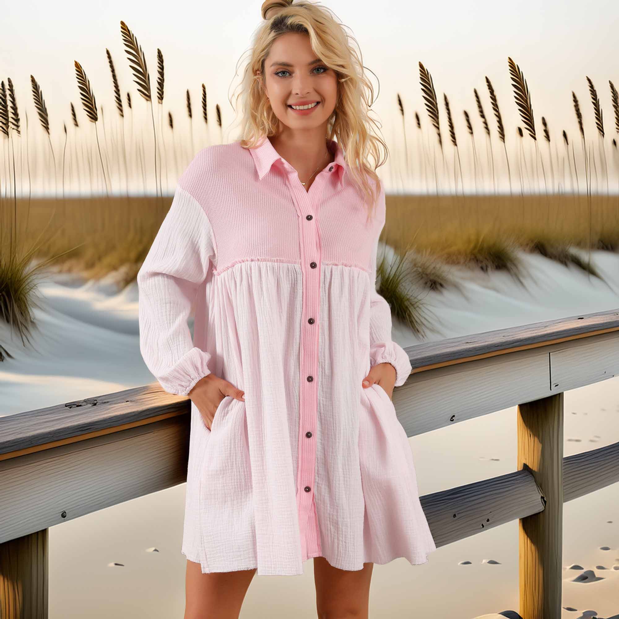 Buttoned Collared Neck Dropped Shoulder Mini Dress