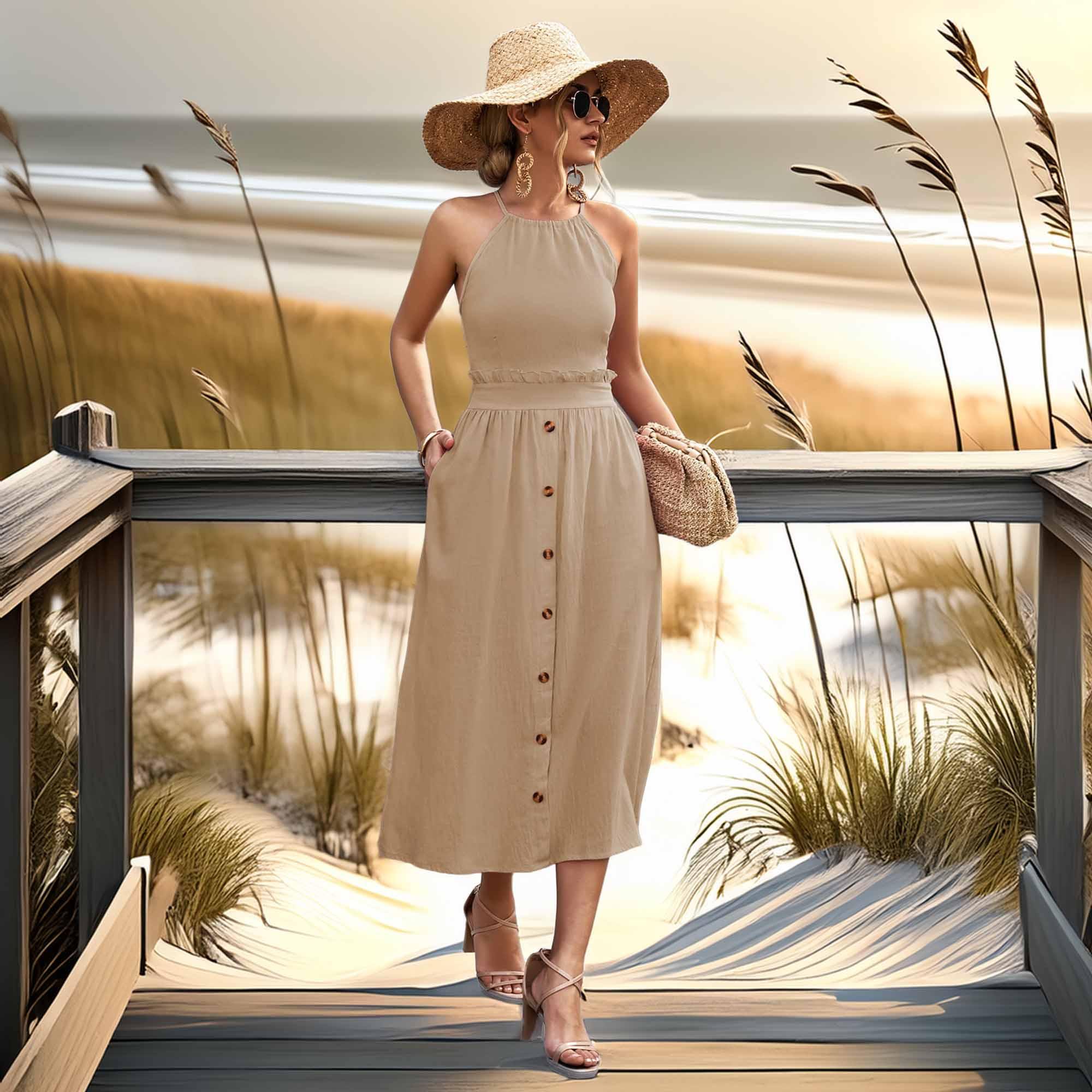 Buttoned Halter Neck Frill Trim Midi Dress - Southern Shores Clothing