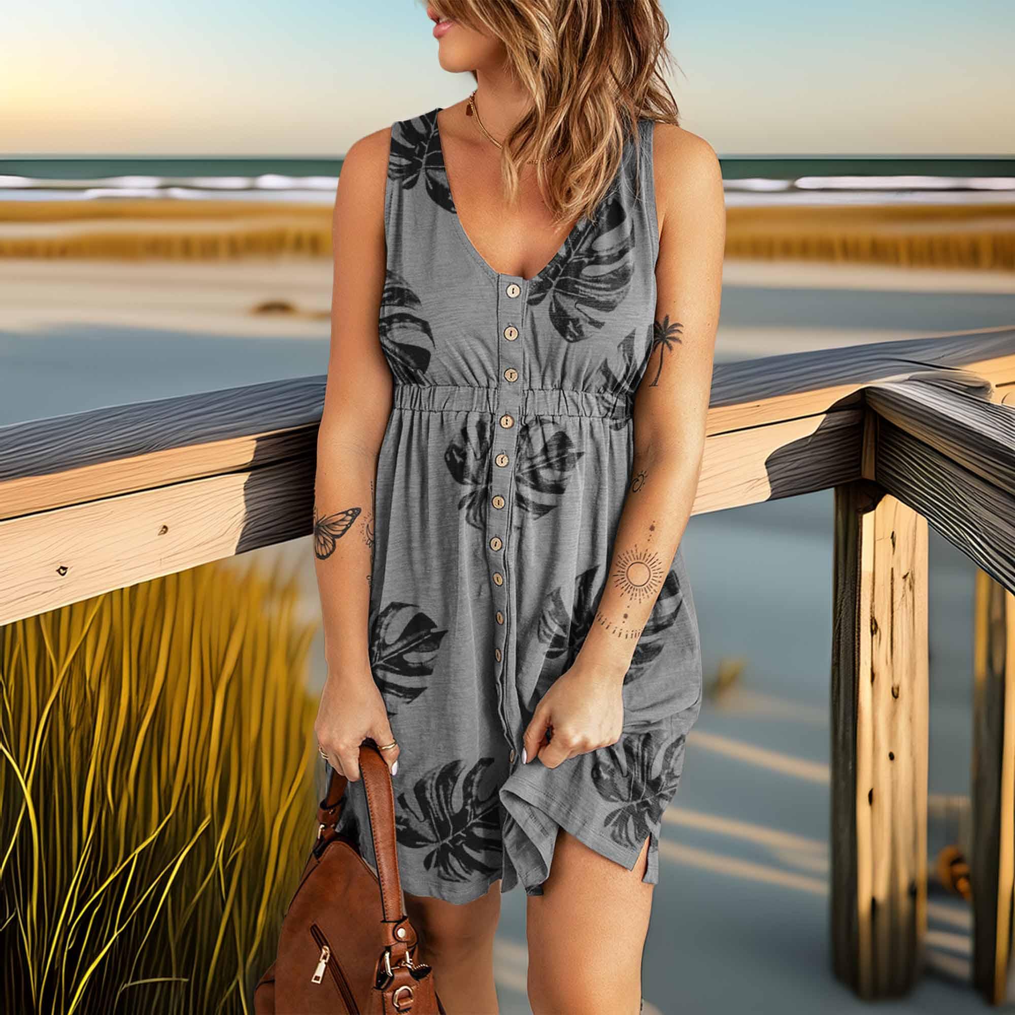 Buttoned Round Neck Sleeveless Mini Dress - Southern Shores Clothing