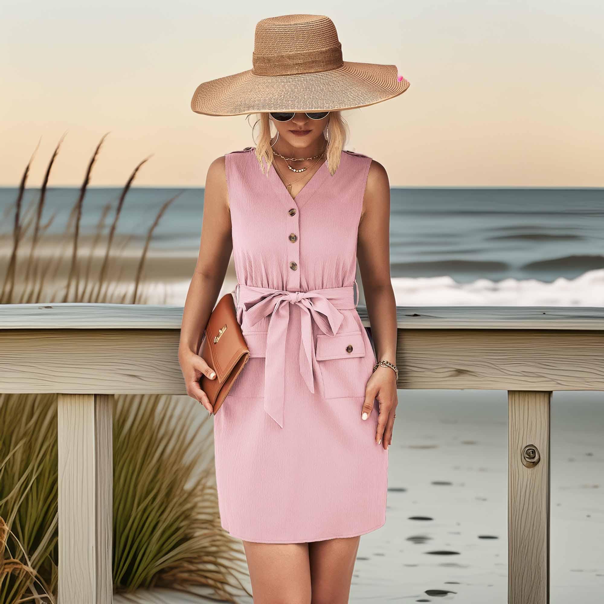 Buttoned V-Neck Belted Sleeveless Dress - Southern Shores Clothing