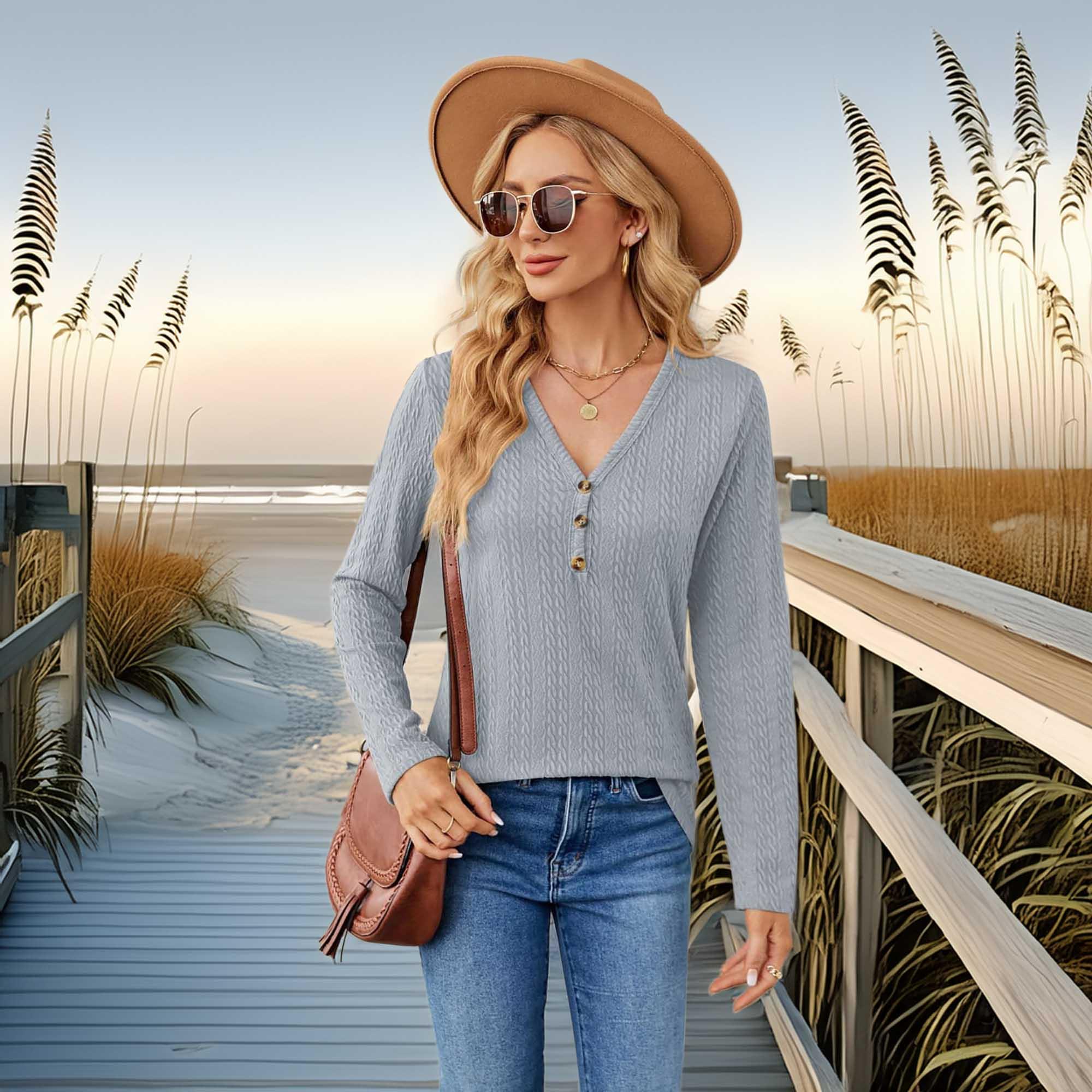 Casual Cable Knit Long Sleeve V-Neck T Shirt - Southern Shores Clothing