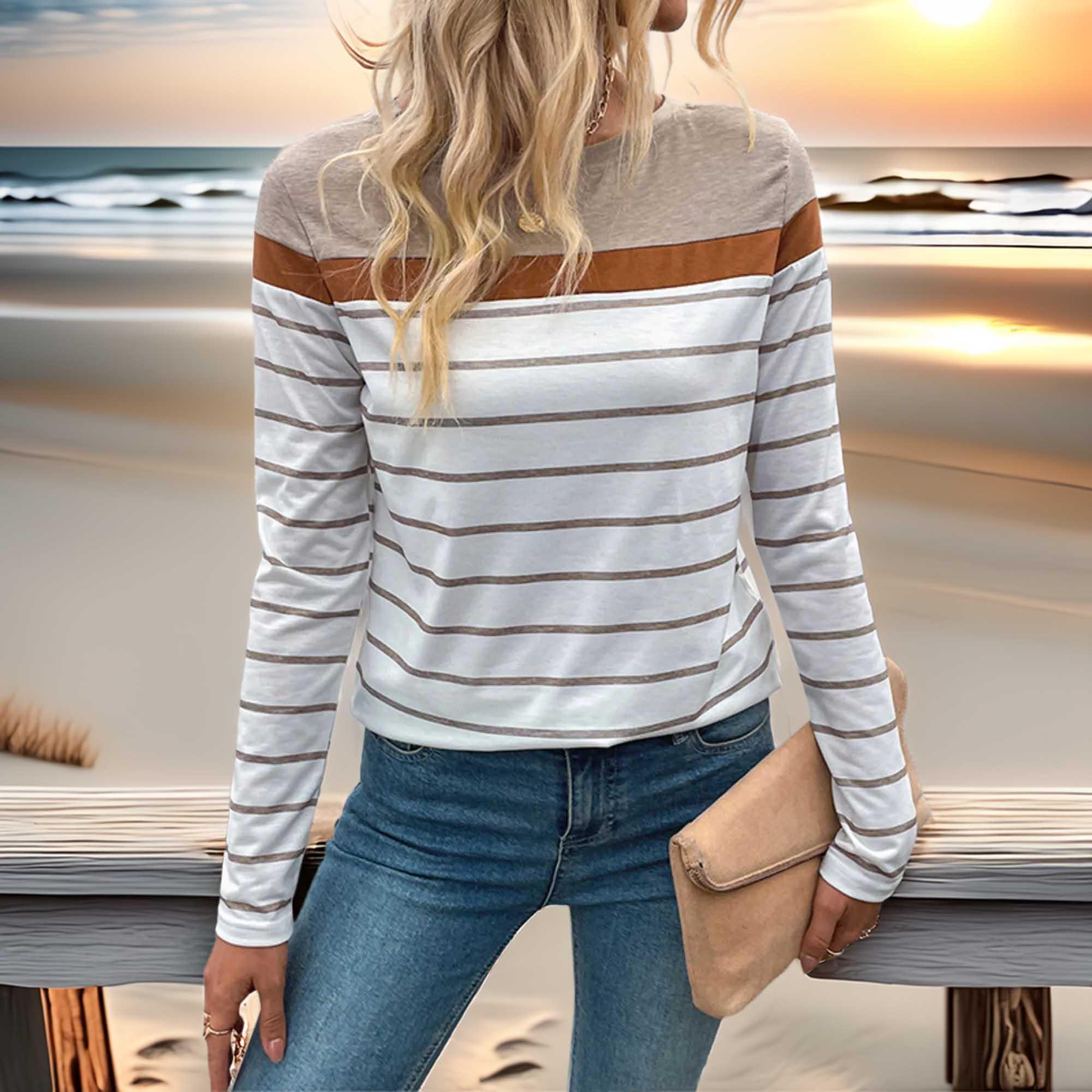Striped Long Sleeve Stretch T Shirt Casual Top - Southern Shores Clothing