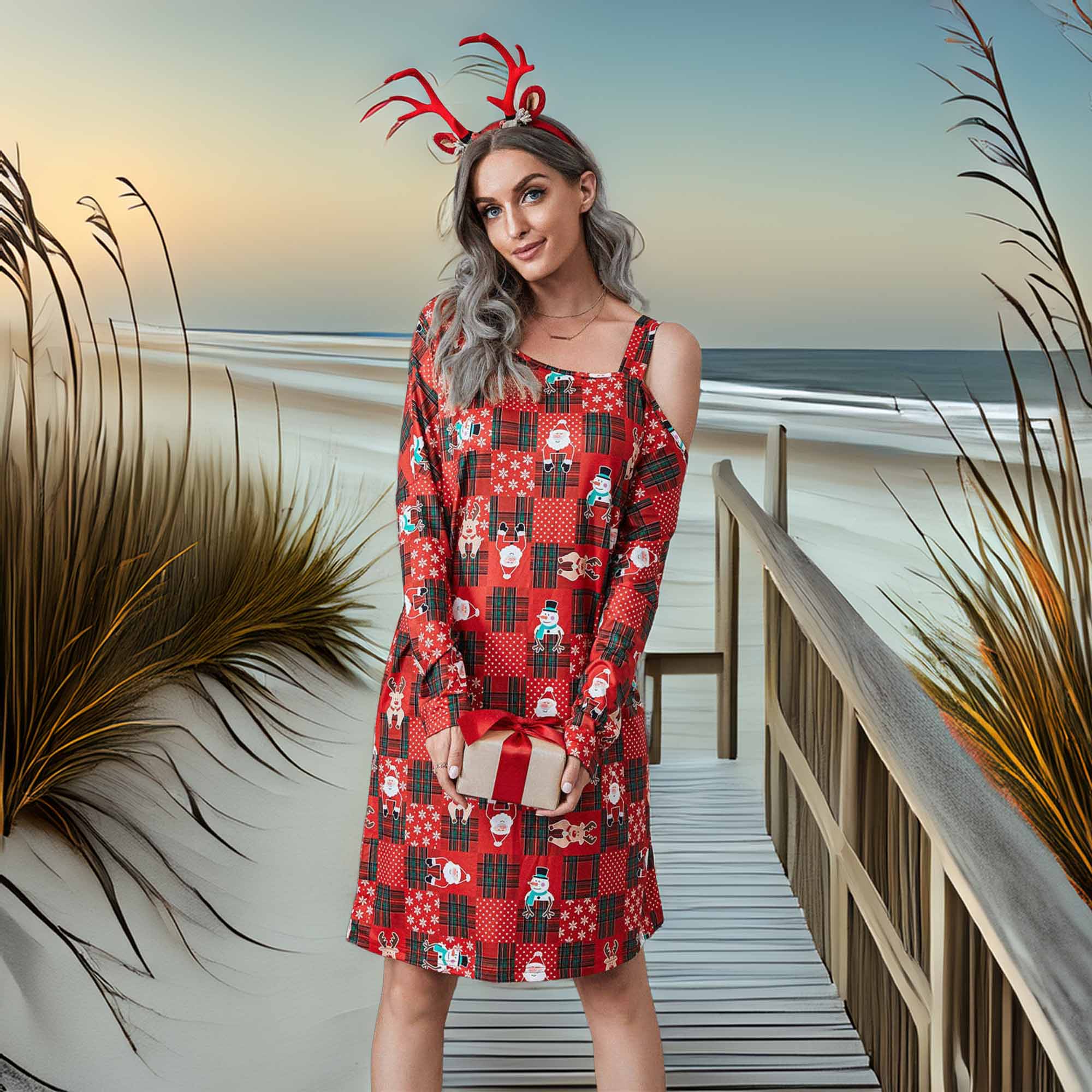 Southern Shores Christmas Asymmetrical Long Sleeve Dress