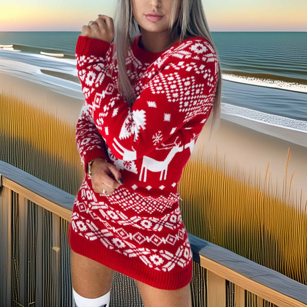 Southern Shores Festive Stretchy Christmas Mini Sweater Dress