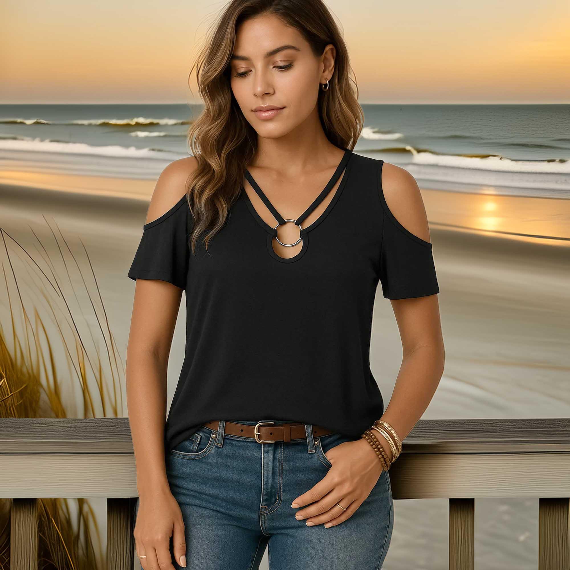 Stretch Cold Shoulder Tee With Metal Ring Detail - Southern Shores Clothing