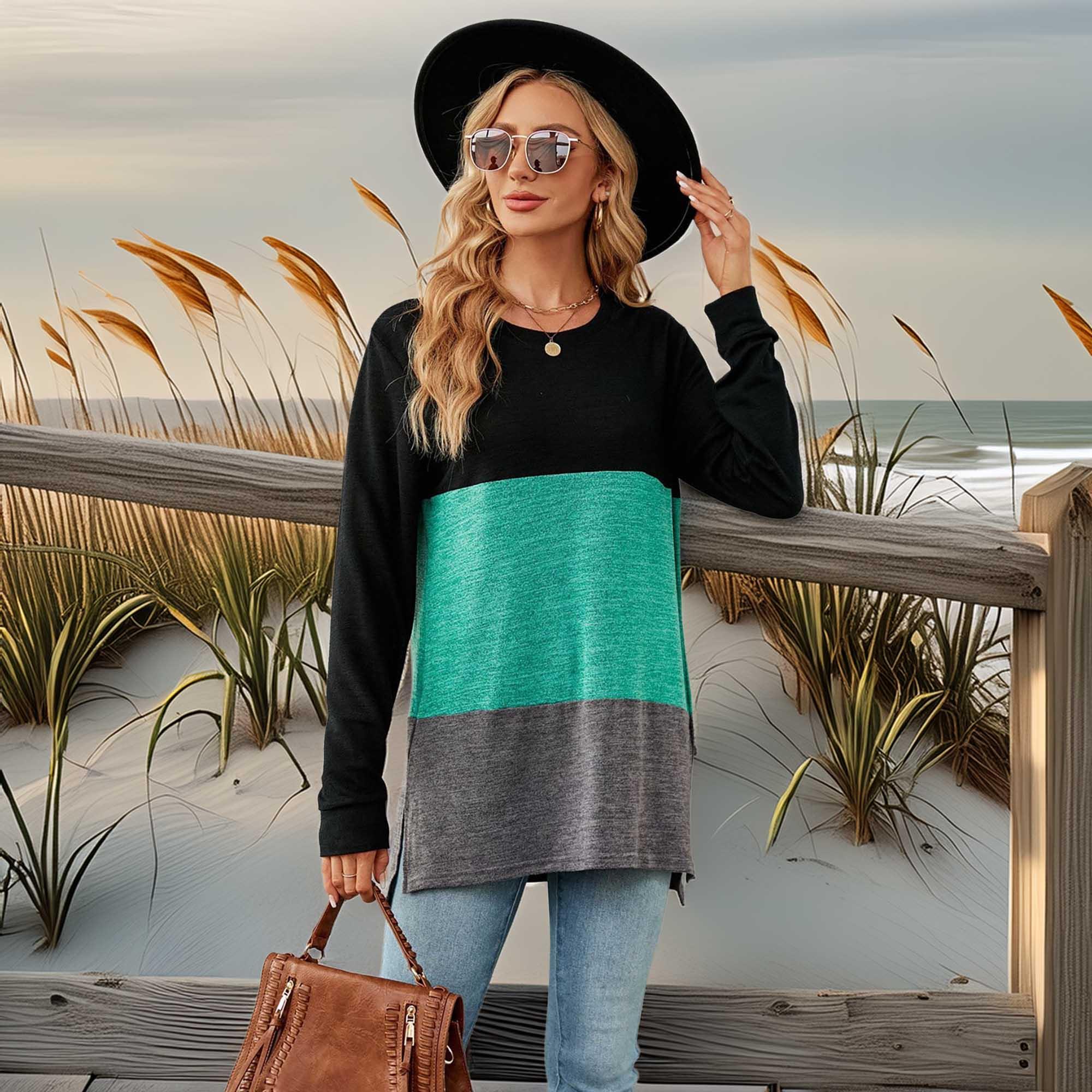 Block Pattern Round Neck Long Sleeve Slit T Shirt - Southern Shores Clothing