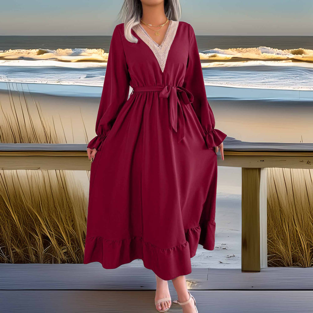 Contrast Belted Flounce Sleeve Dress