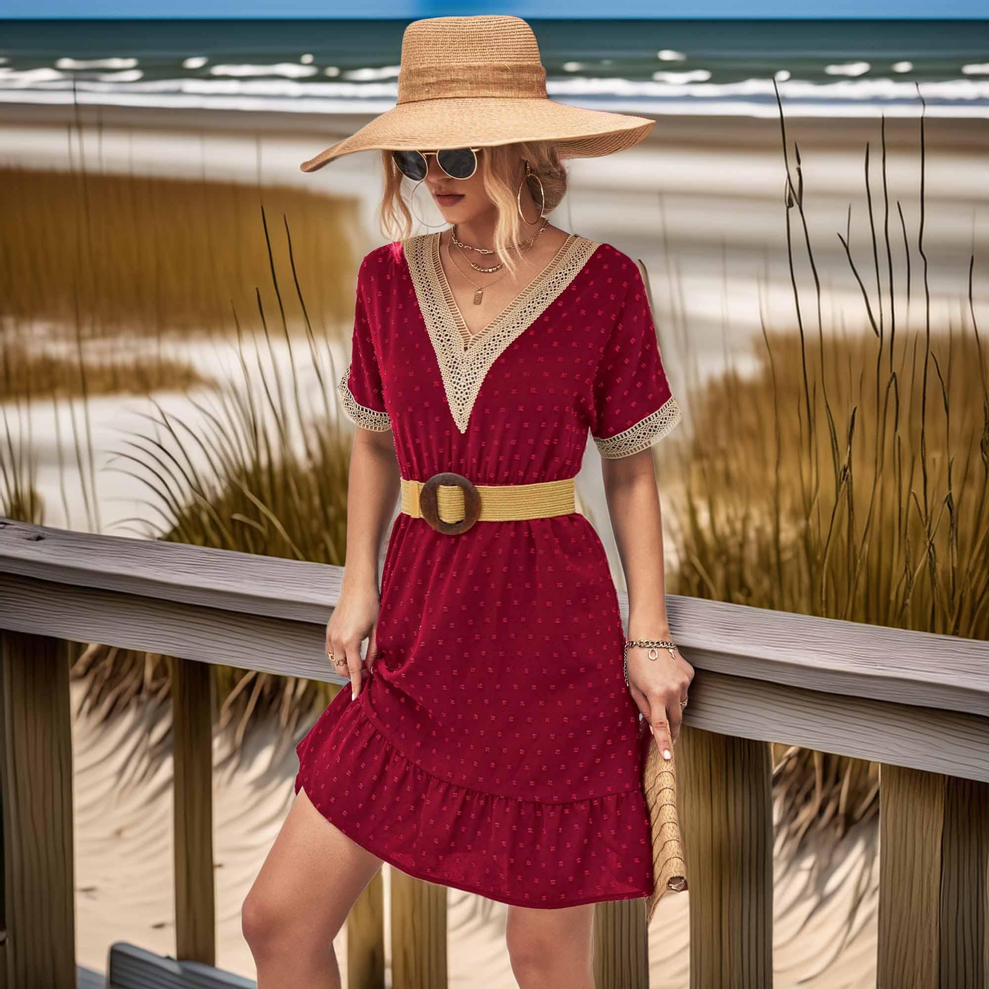 Contrast V-Neck Short Sleeve Mini Dress - Southern Shores Clothing