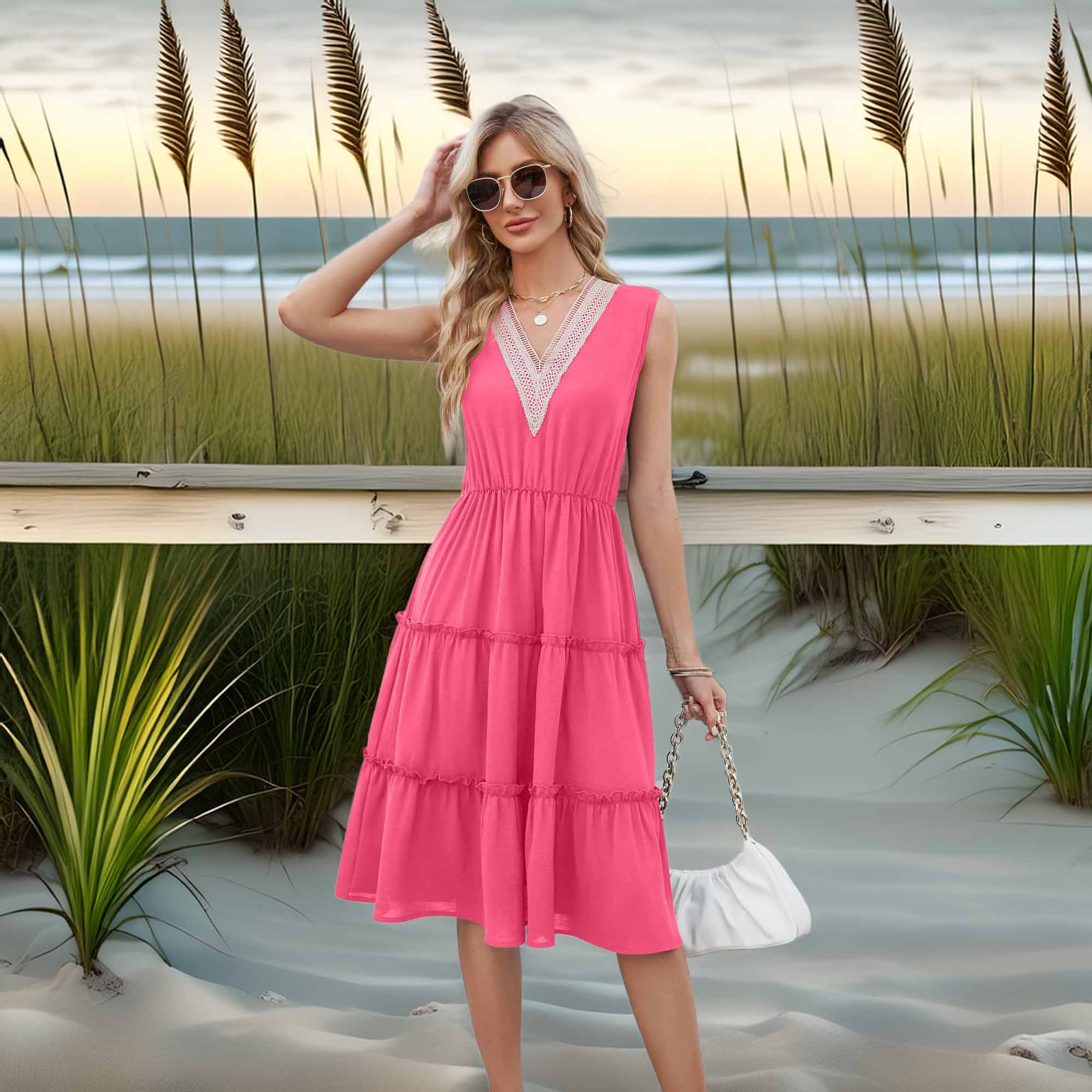 Contrast V-Neck Sleeveless Tiered Dress