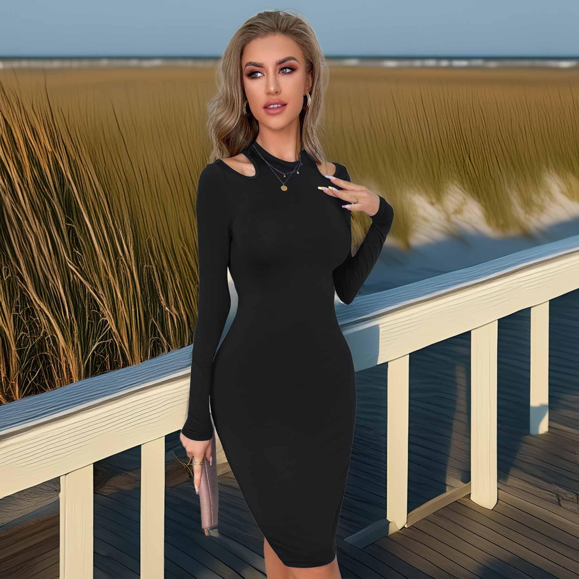 Cutout Long Sleeve Pencil Dress Knee Length - Southern Shores Clothing