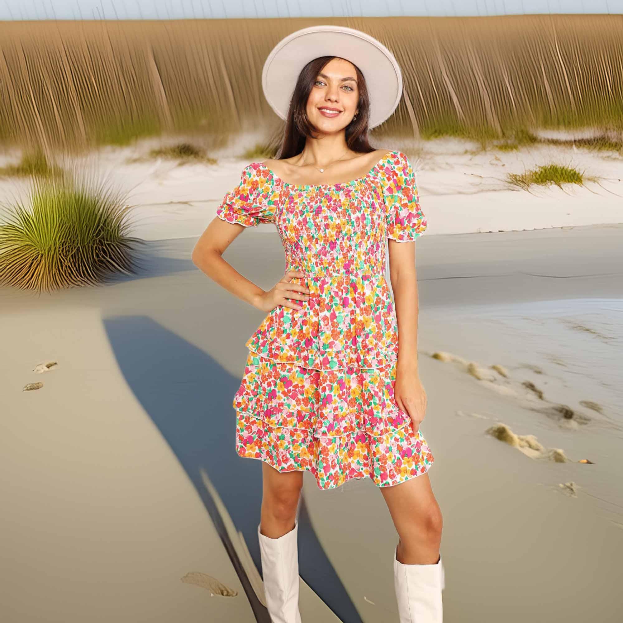 Smocked Bodice Sweetheart Neck Flounce Sleeve Mini Dress - Southern Shores Clothing