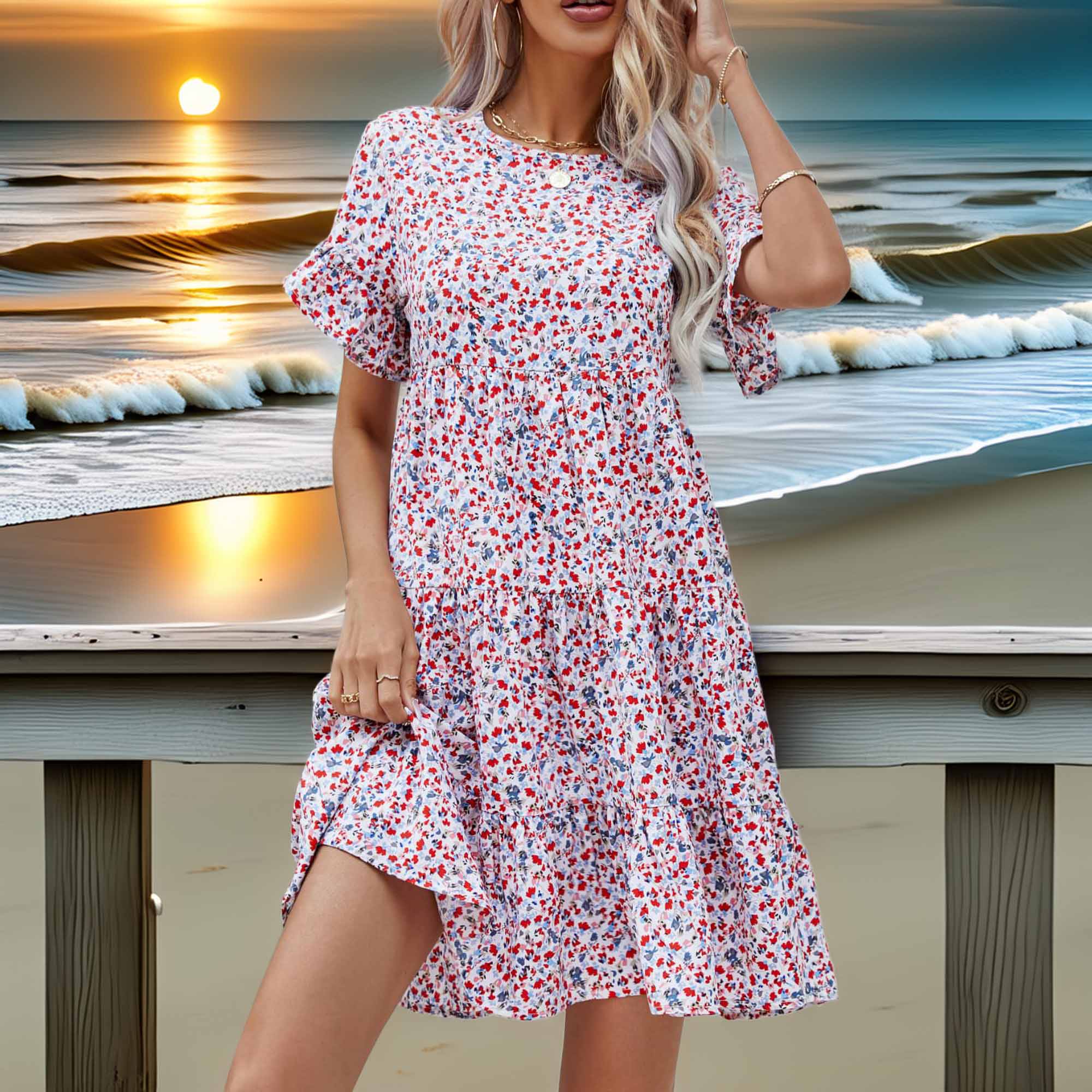 Ditsy Floral Flounce Sleeve Tiered Dress