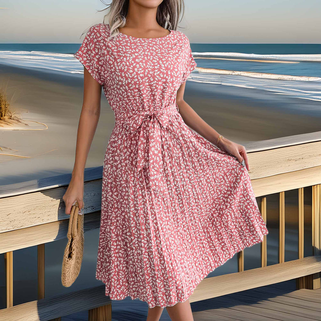 Ditsy Floral Pleated Belted Dress