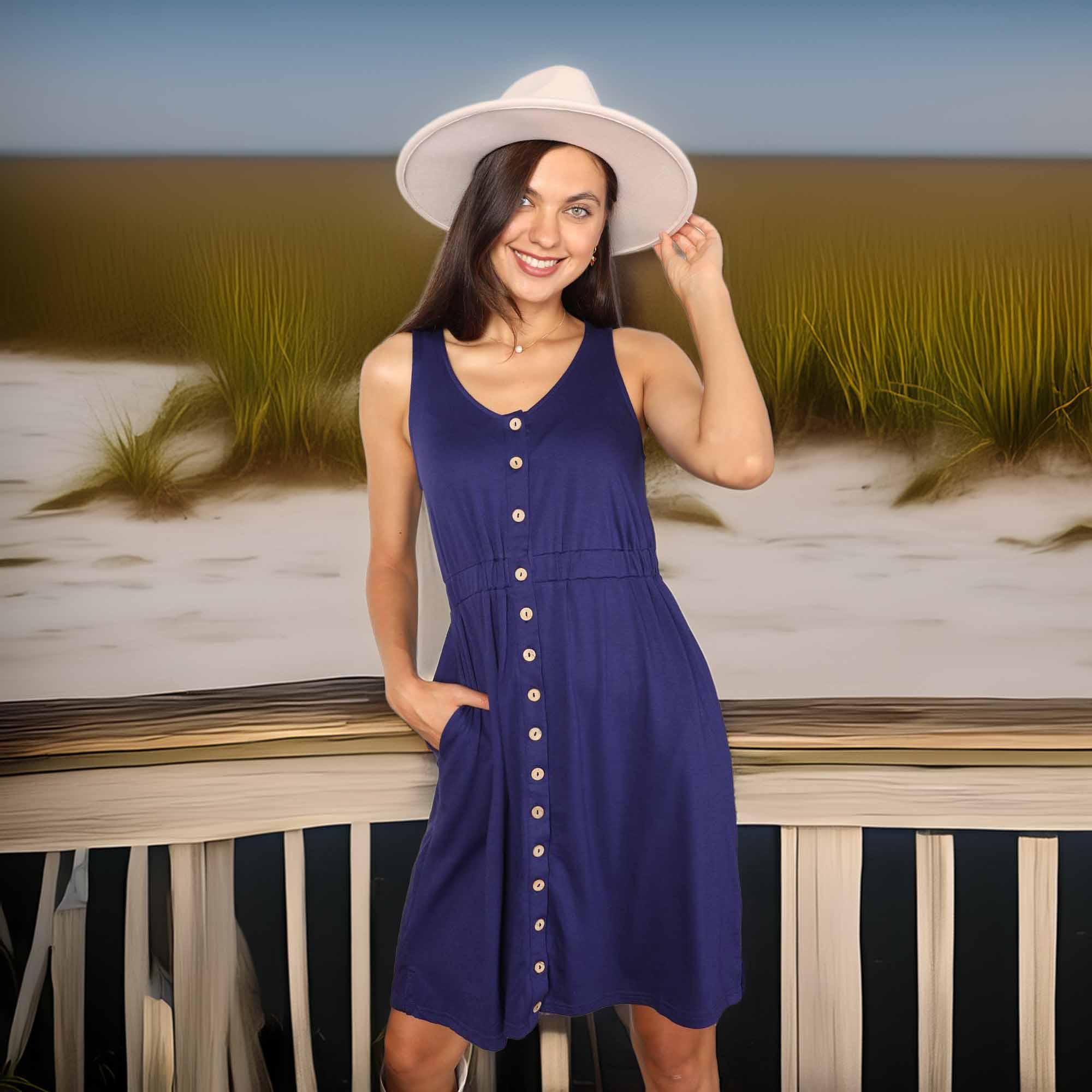 Button Front Empire Waist Sleeveless Slit Dress - Southern Shores Clothing