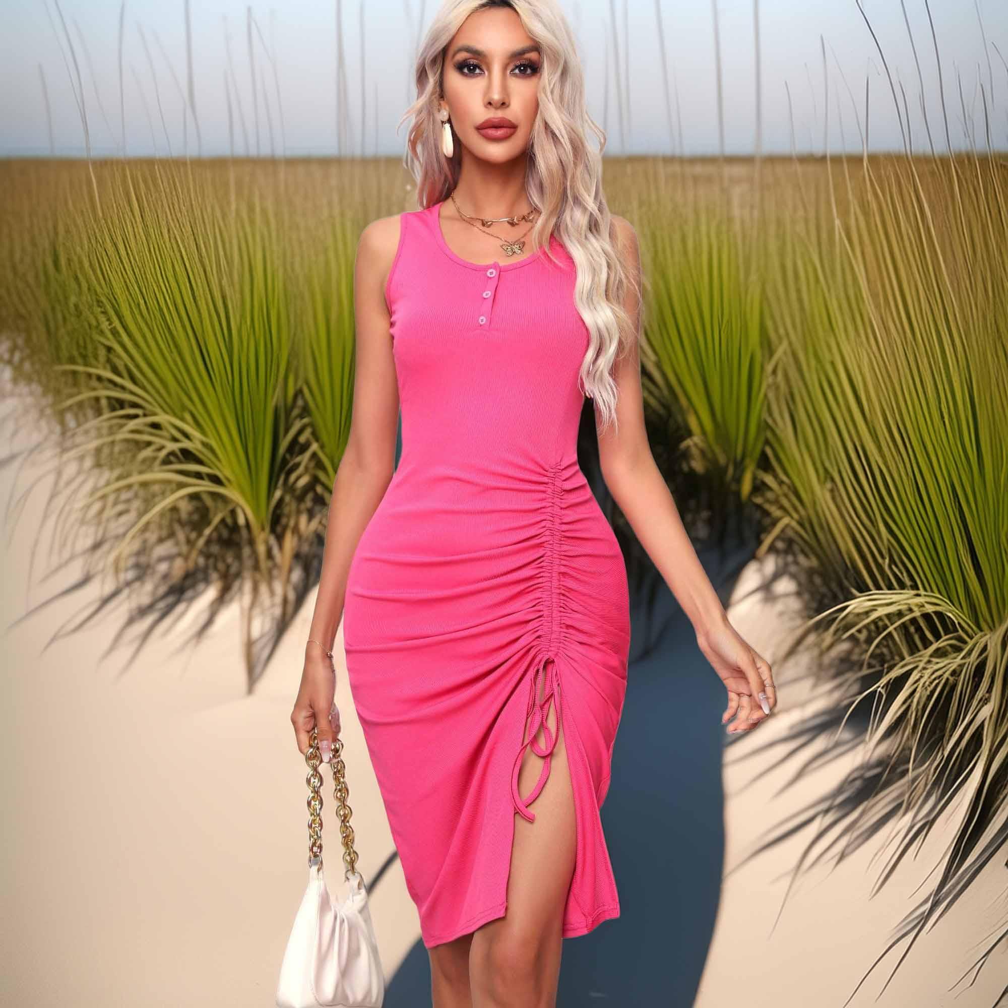 Drawstring Ruched Slit Sleeveless Dress Knee Length - Southern Shores Clothing