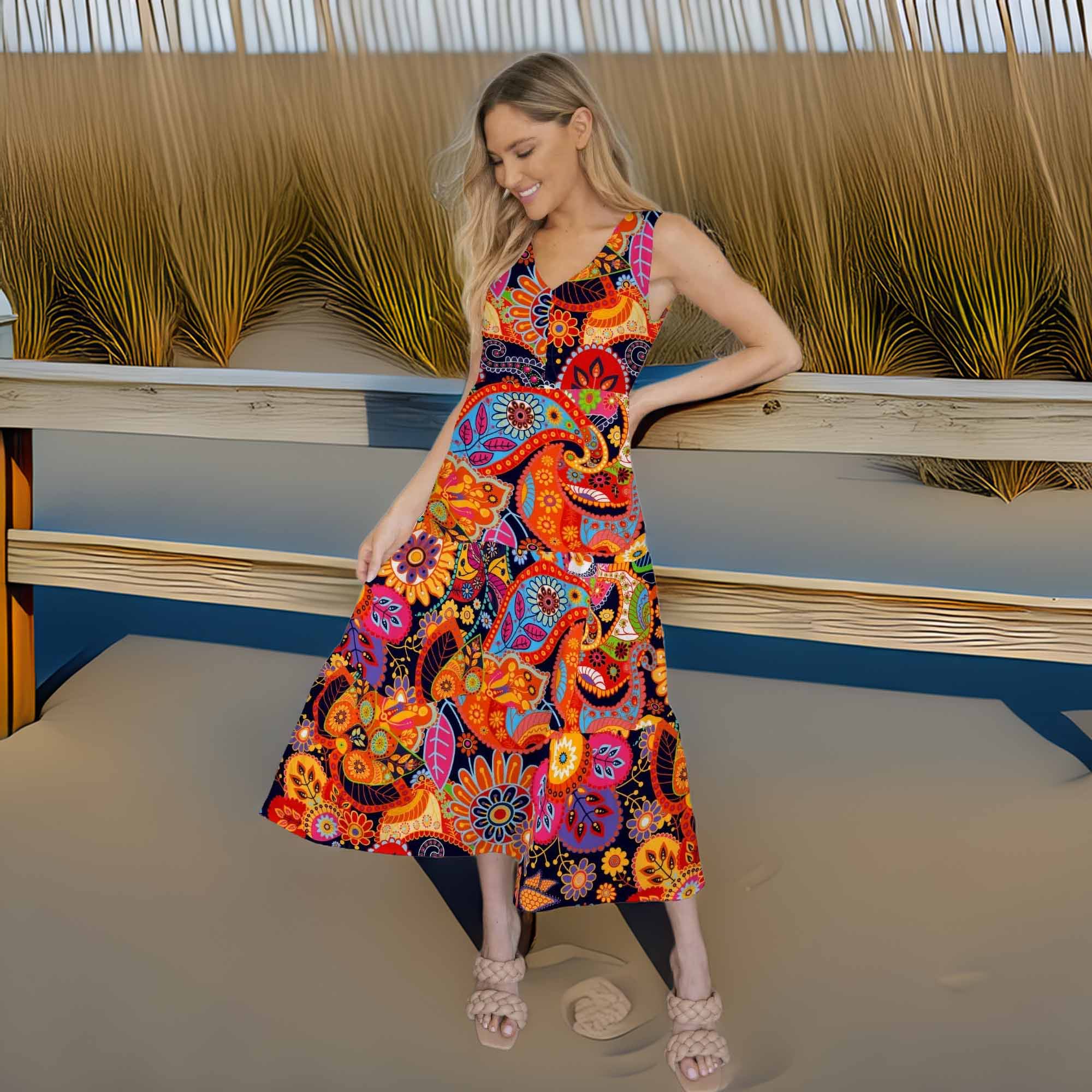 FAM-FAM Tiered Printed V-Neck Sleeveless Dress