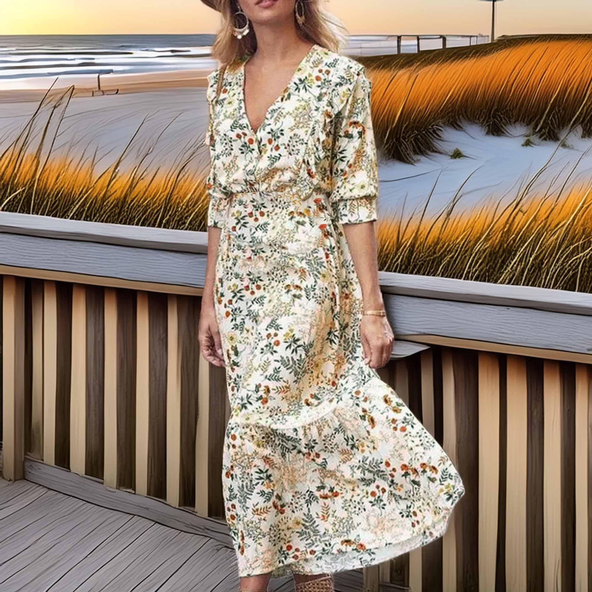 Casual Floral Cutout Flounce Sleeve Dress - Southern Shores Clothing