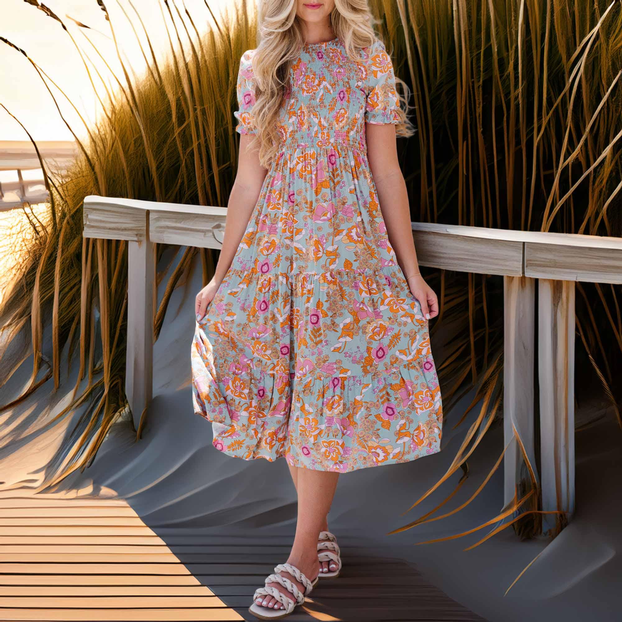 Floral Flounce Sleeve Round Neck Midi Dress - Southern Shores Clothing