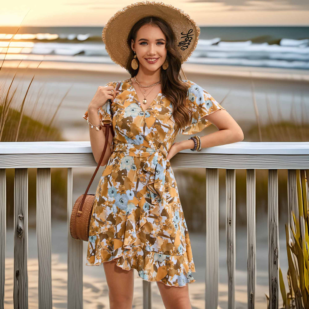 Floral Flutter Sleeve Surplice Neck Dress