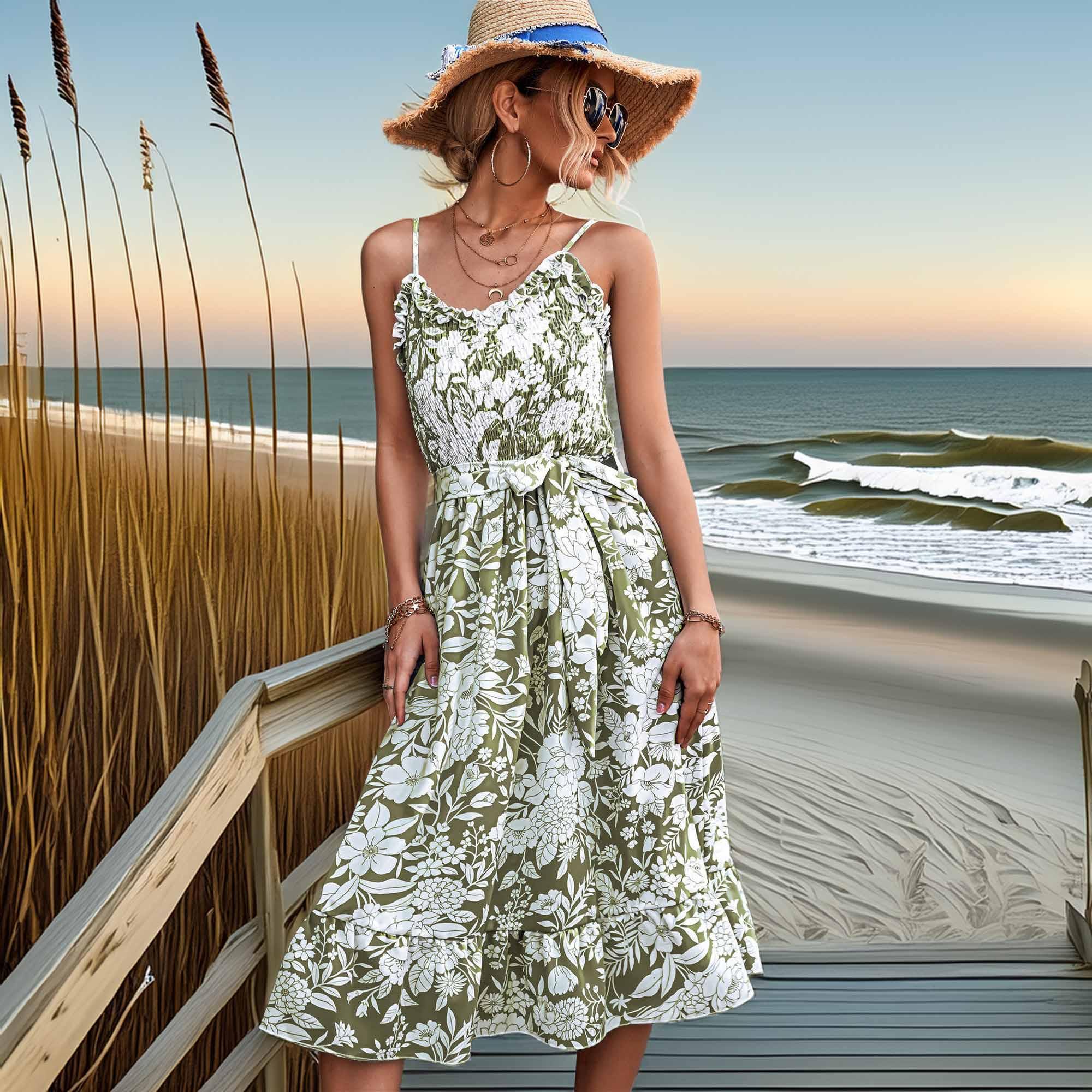 Floral Frill Trim Scoop Neck Spaghetti Strap Dress - Southern Shores Clothing