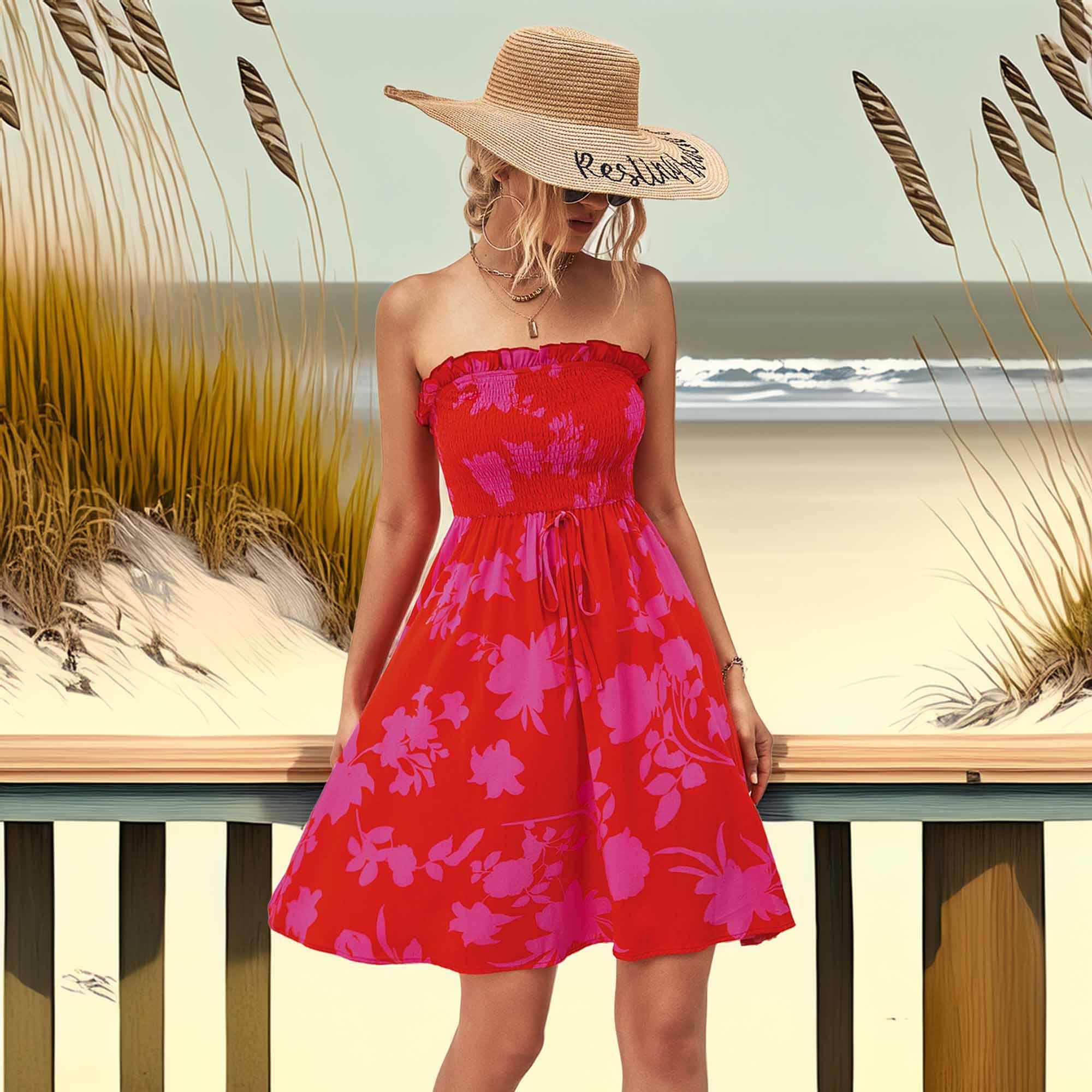 Floral Frill Trim Strapless Smocked Dress - Southern Shores Clothing