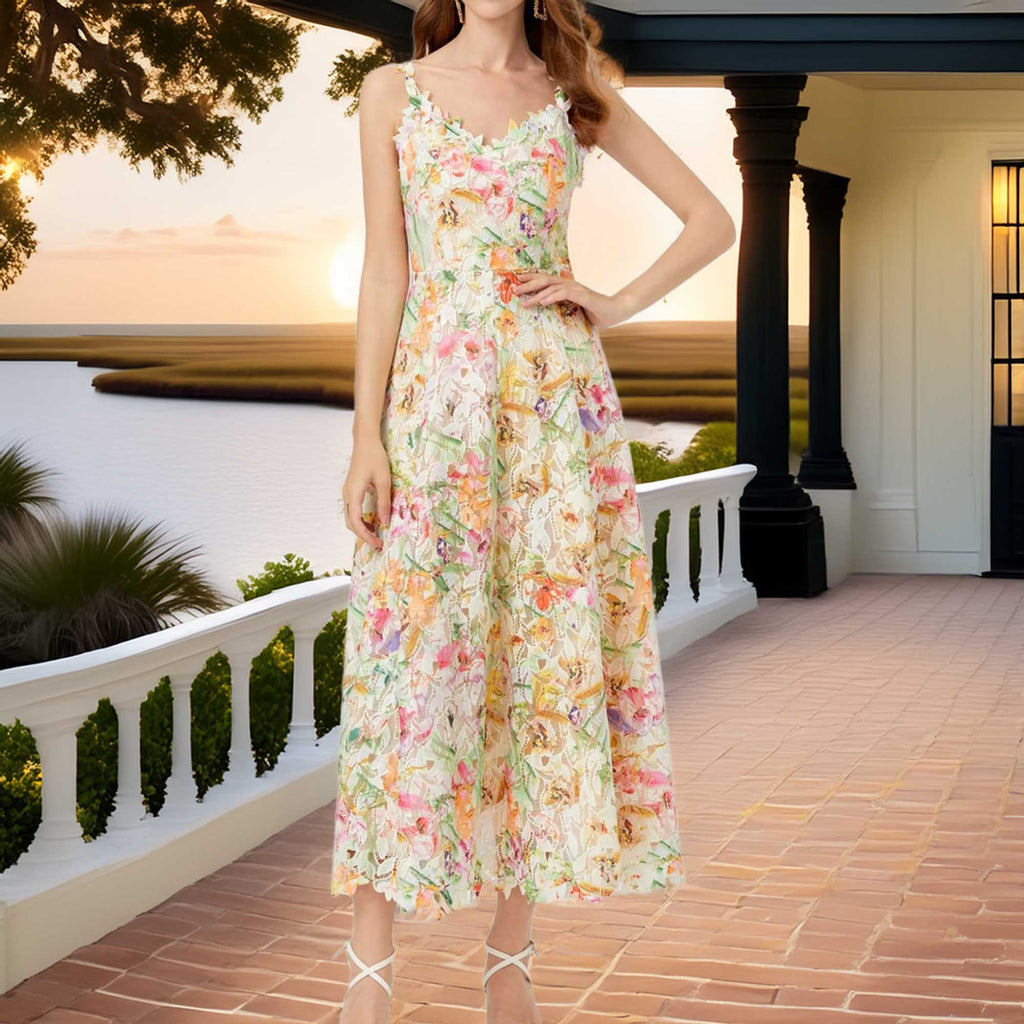 Floral Lace Sleeveless V-Neck Lowcountry Midi Dress