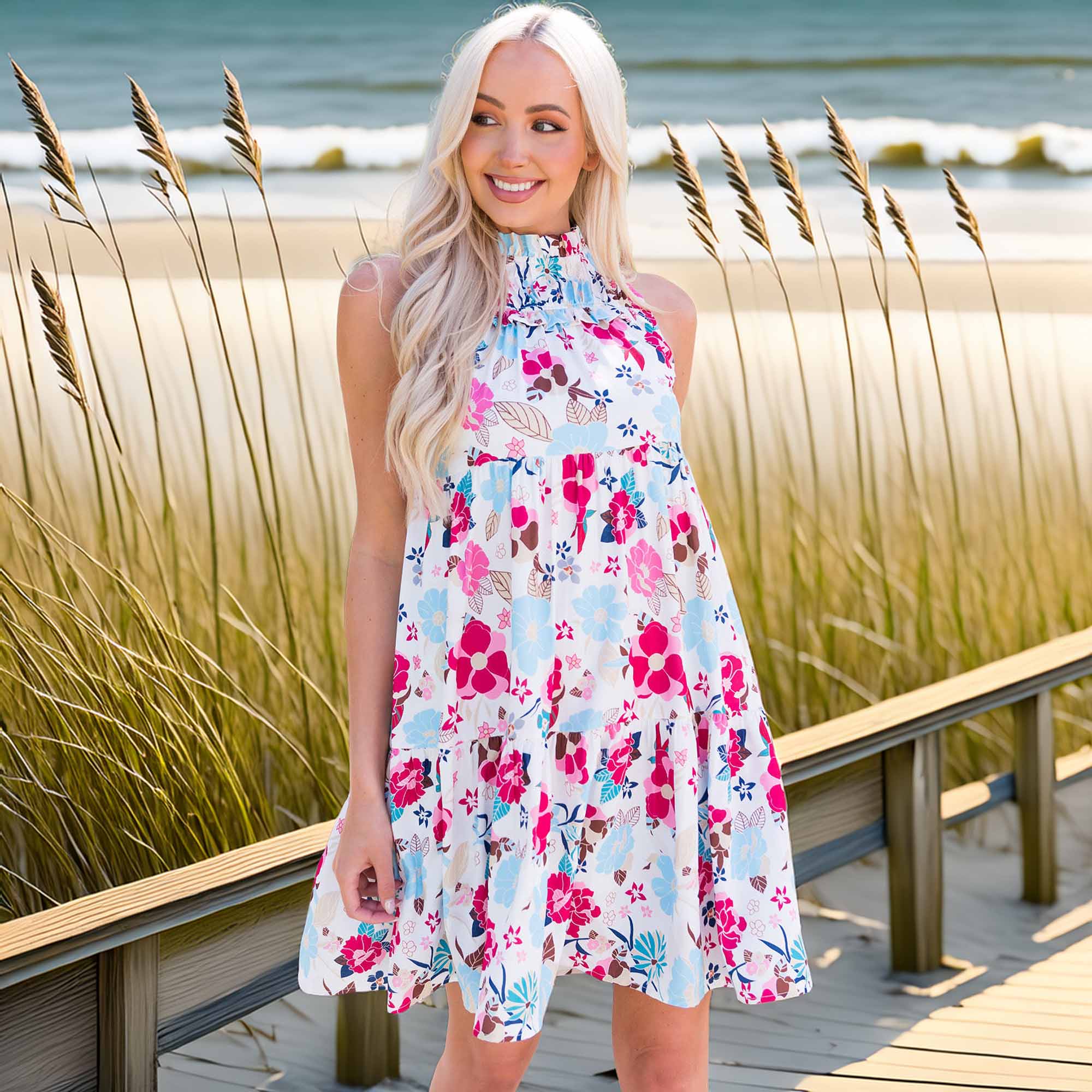 Floral Mock Neck Sleeveless Tiered Dress
