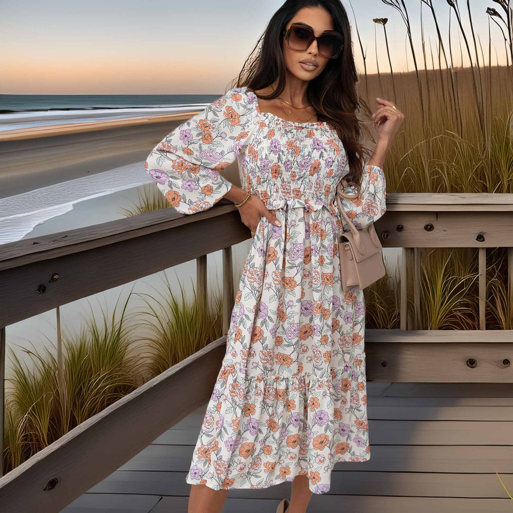 Floral Smocked Square Neck Dress