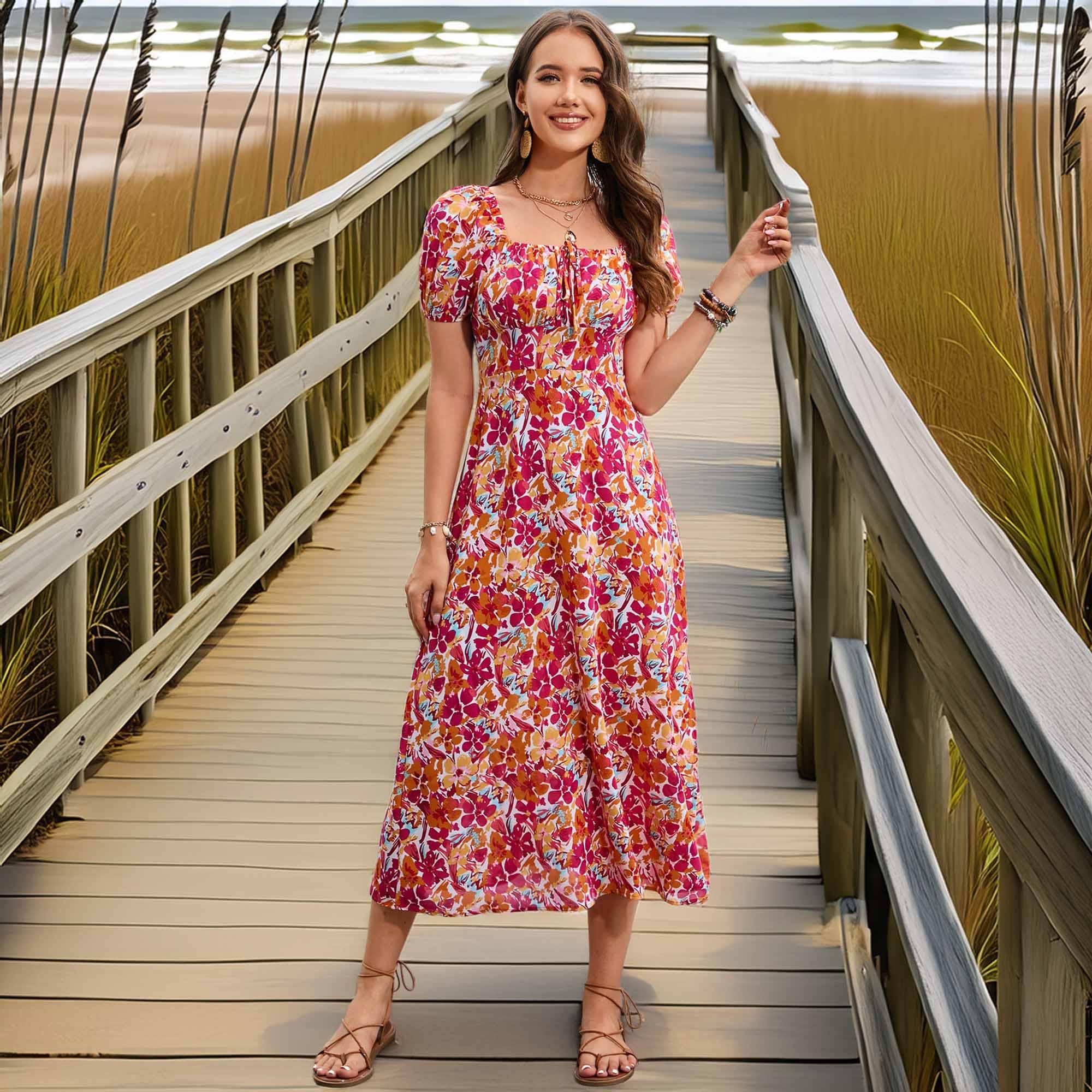 Floral Square Neck Short Sleeve Midi Dress - Southern Shores Clothing