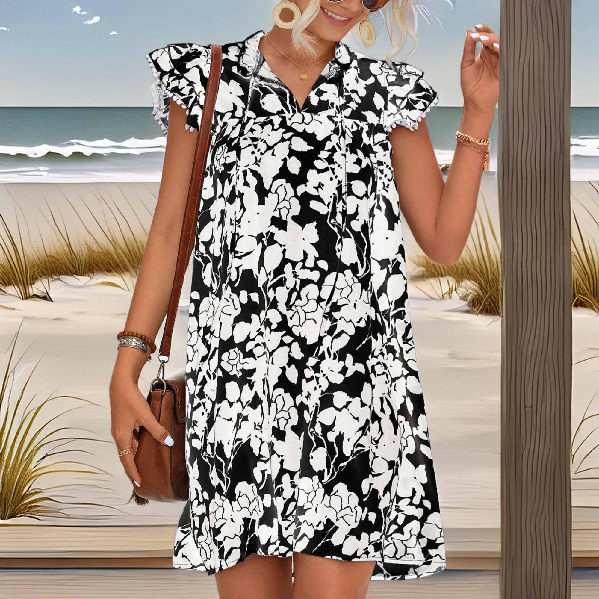 Floral Tie Neck Butterfly Sleeve Dress - Southern Shores Clothing