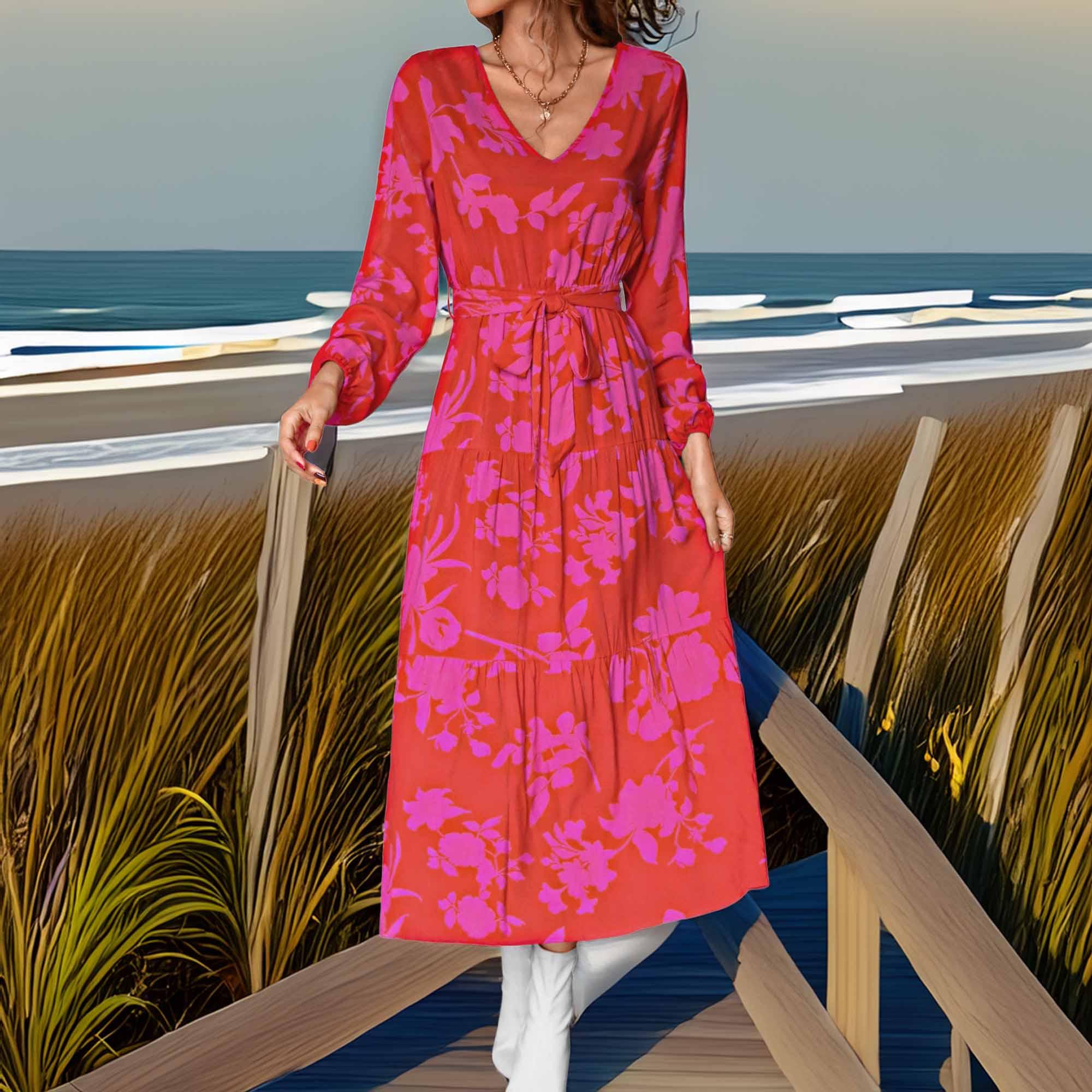 Floral V-Neck Long Sleeve Dress - Southern Shores Clothing