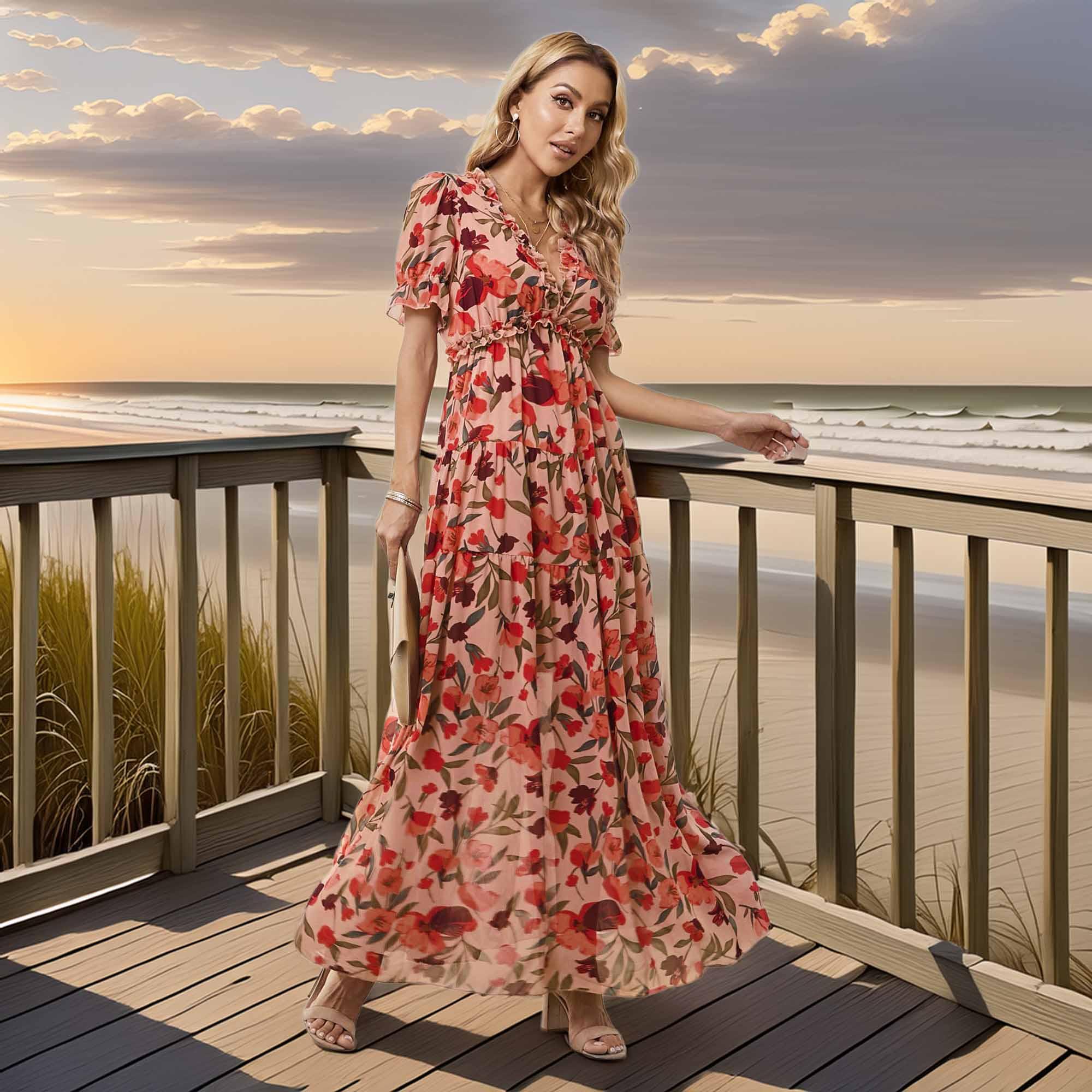 Floral V Neck Short Flounce Sleeve Maxi Dress - Southern Shores Clothing