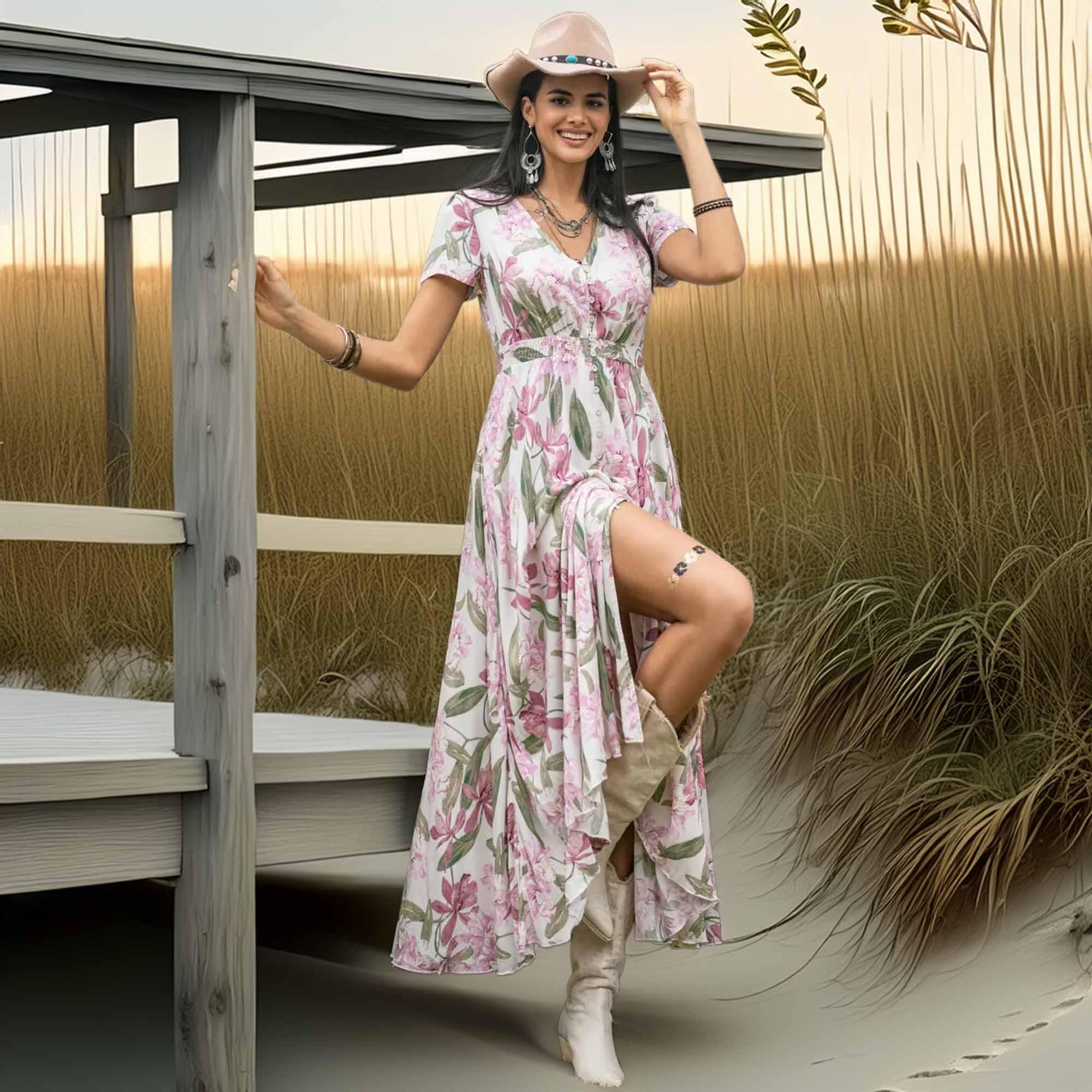 Casual Floral V Neck Slit Dress With Pockets - Southern Shores Clothing