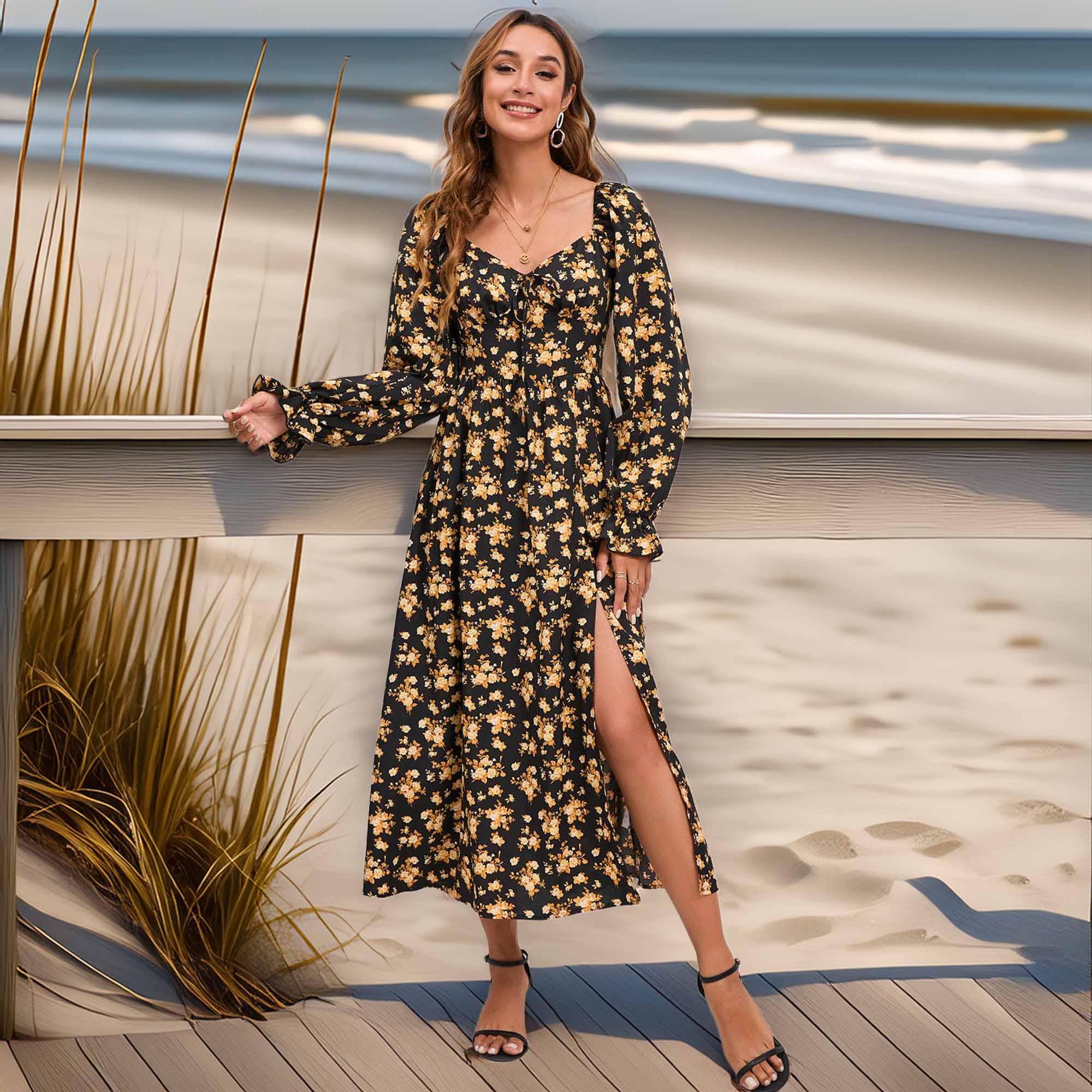 Casual Coastal Flounce Sleeve Slit Midi Dress - Southern Shores Clothing