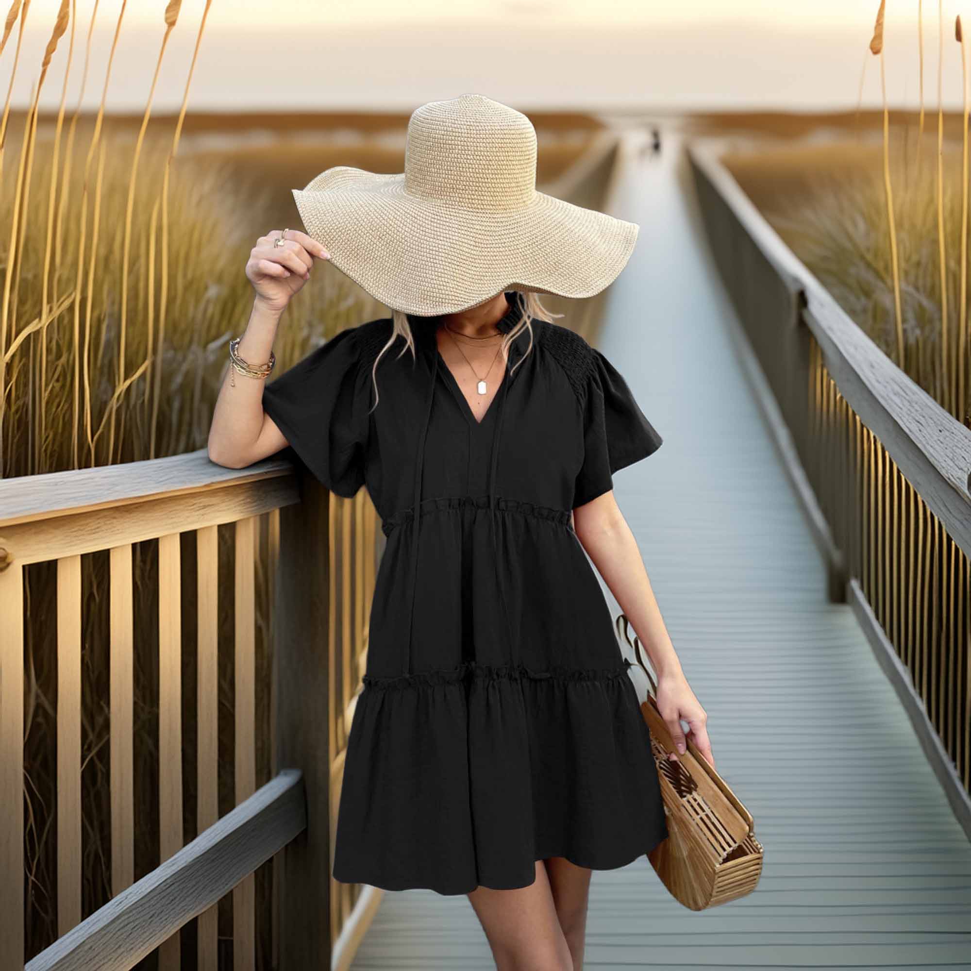 Frill Trim Smocked Tie Neck Dress