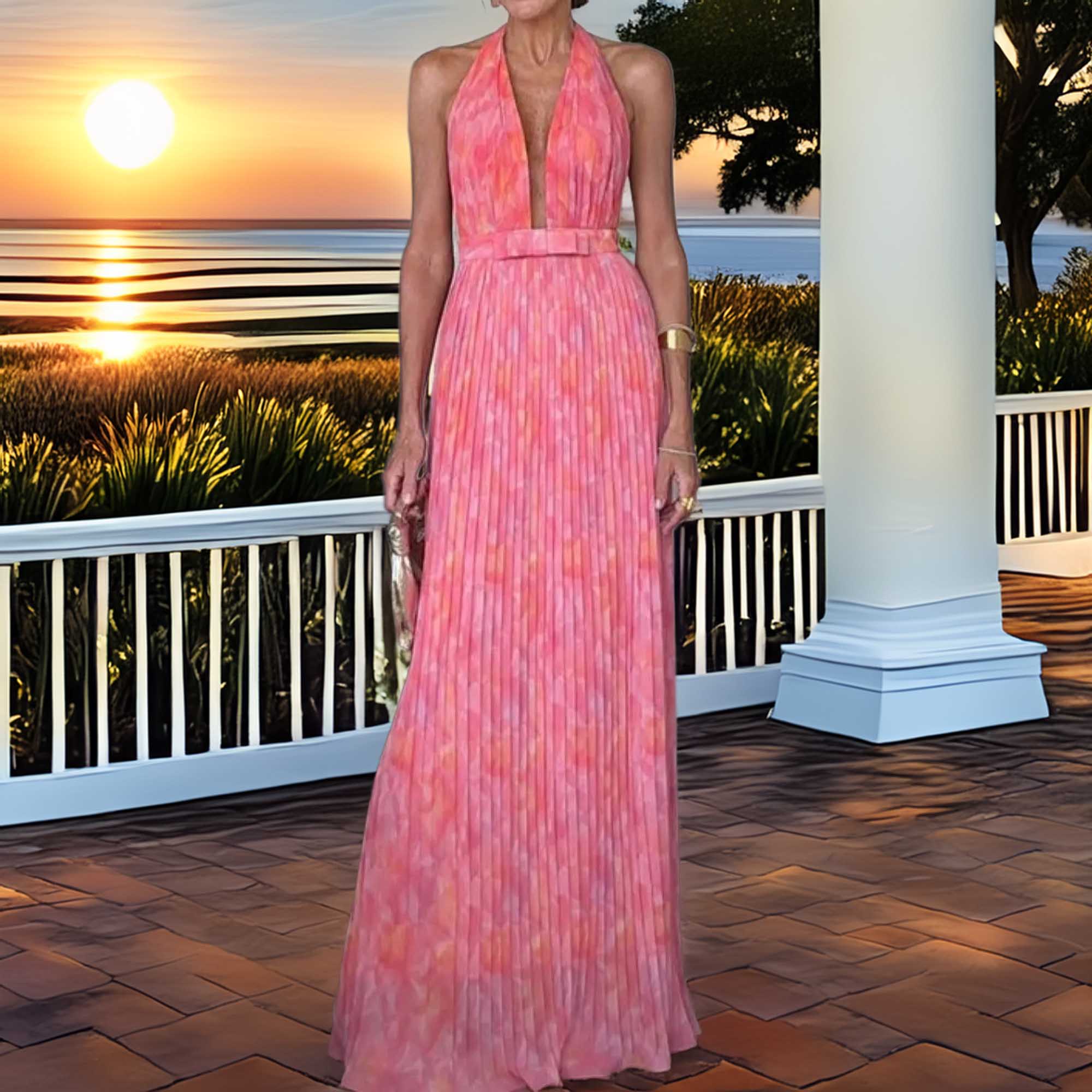Halter Neck Pleated Maxi Dress