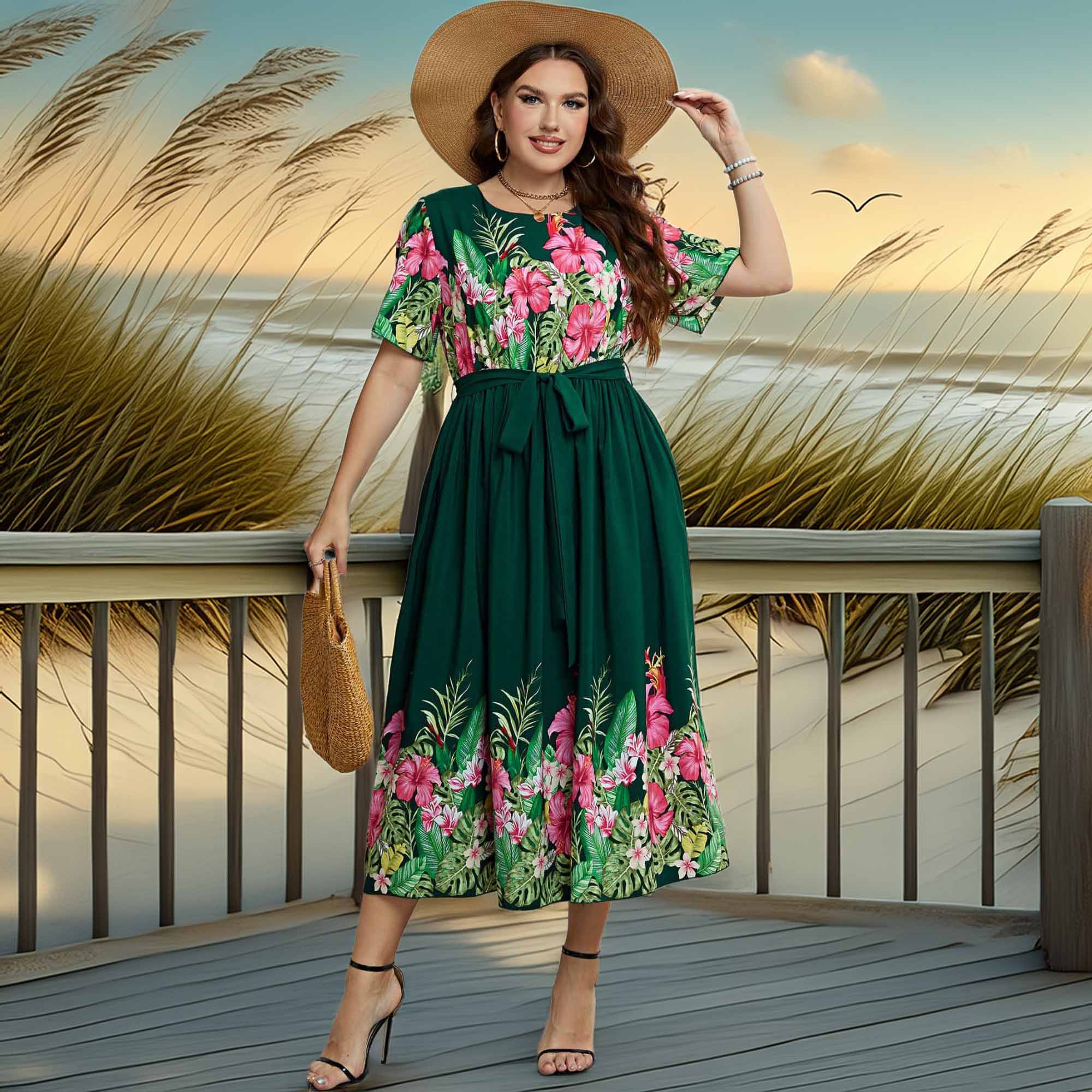 Honey Floral Tie-Waist Round Neck Dress