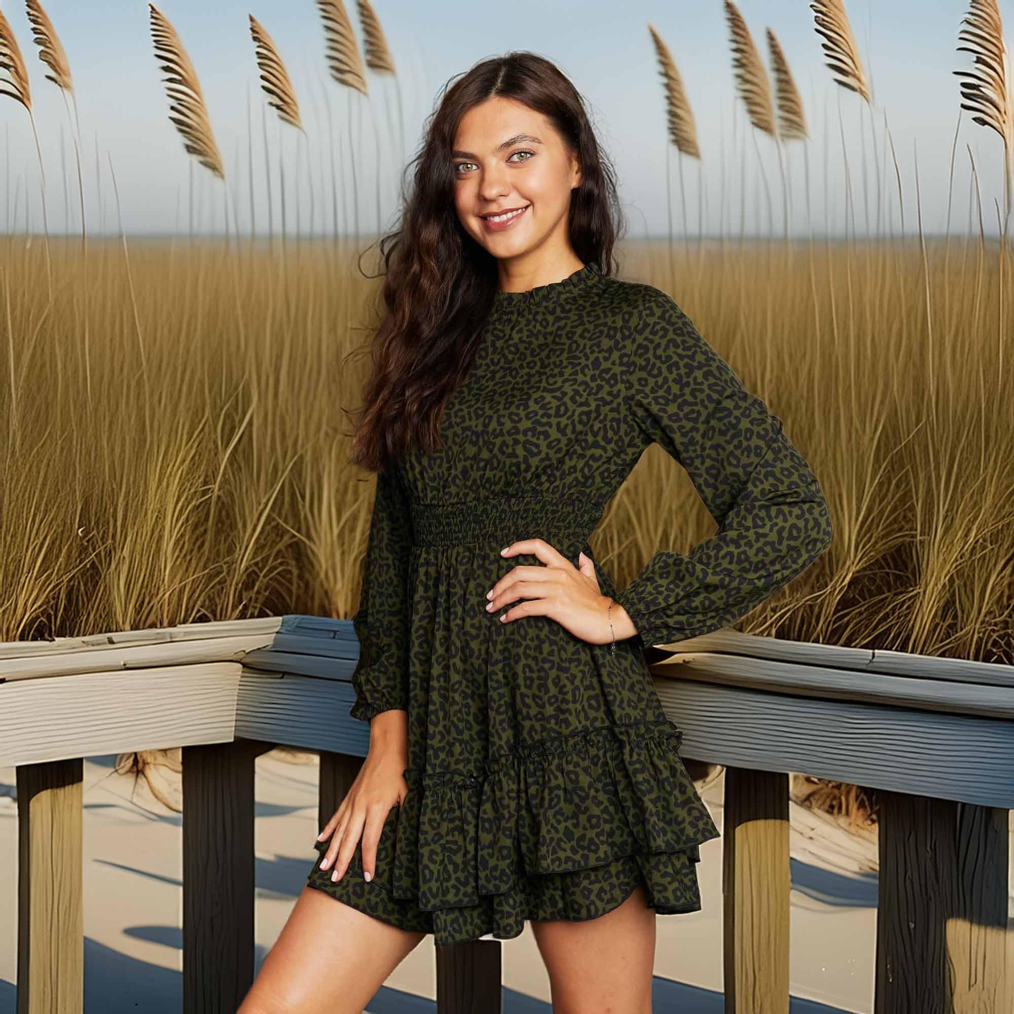Leopard Print Smocked Waist Long Sleeve Dress - Southern Shores Clothing