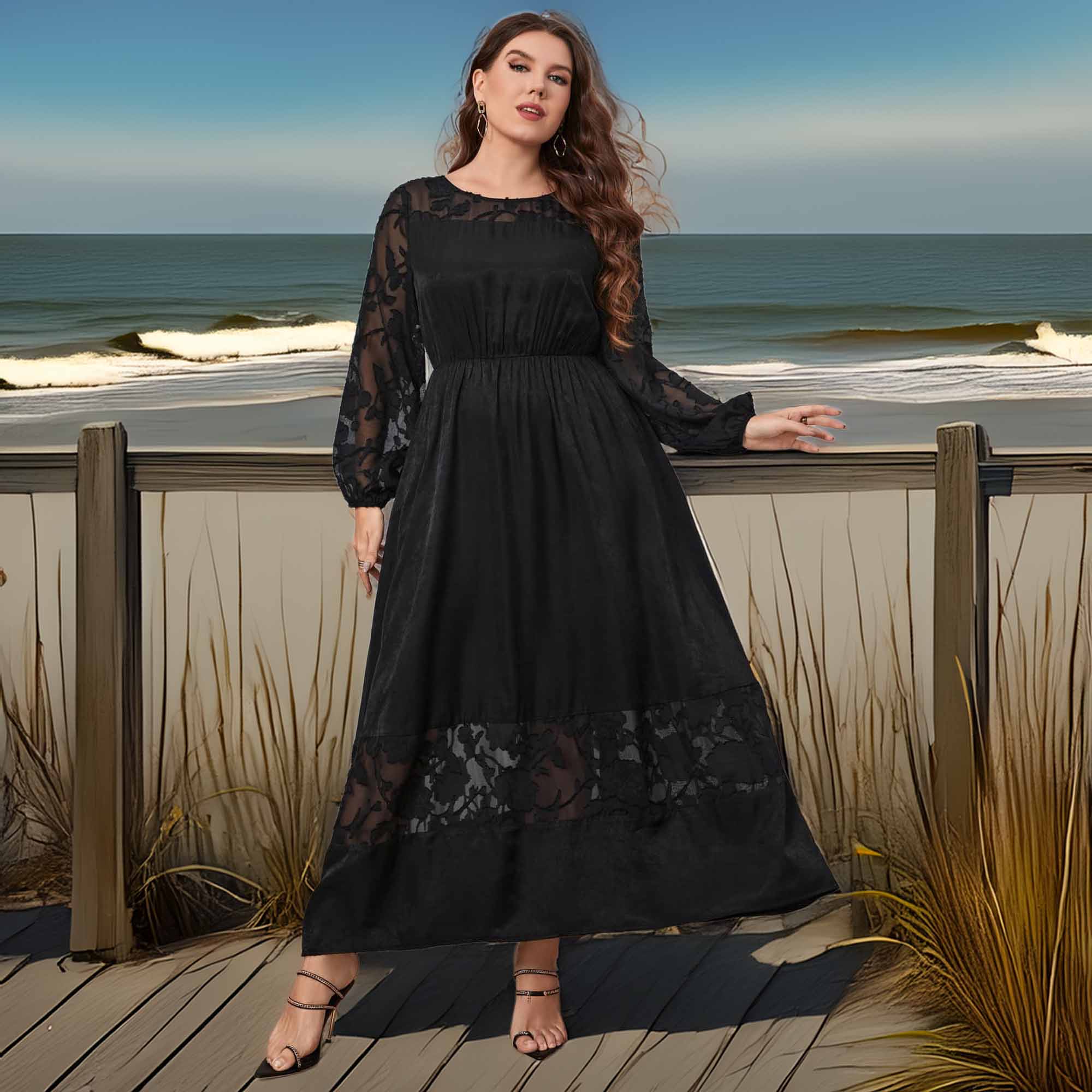 Honey Melo Apparel Plus Size Embroidery Round Neck Long Sleeve Maxi Dress