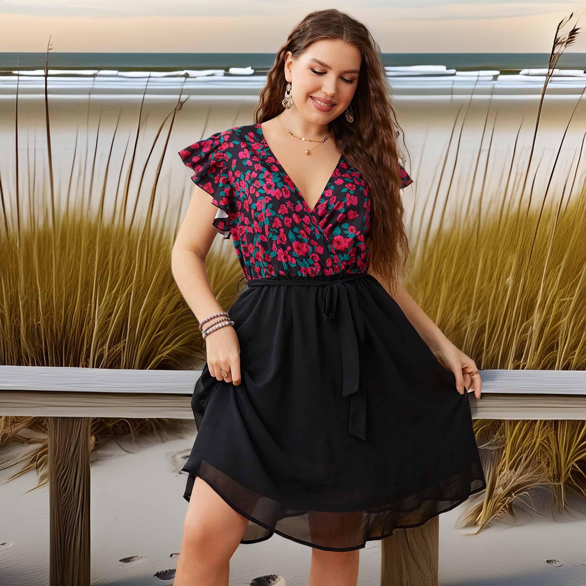 Honey Plus Size Floral Surplice Neck Flutter Sleeve Dress - Southern Shores Clothing