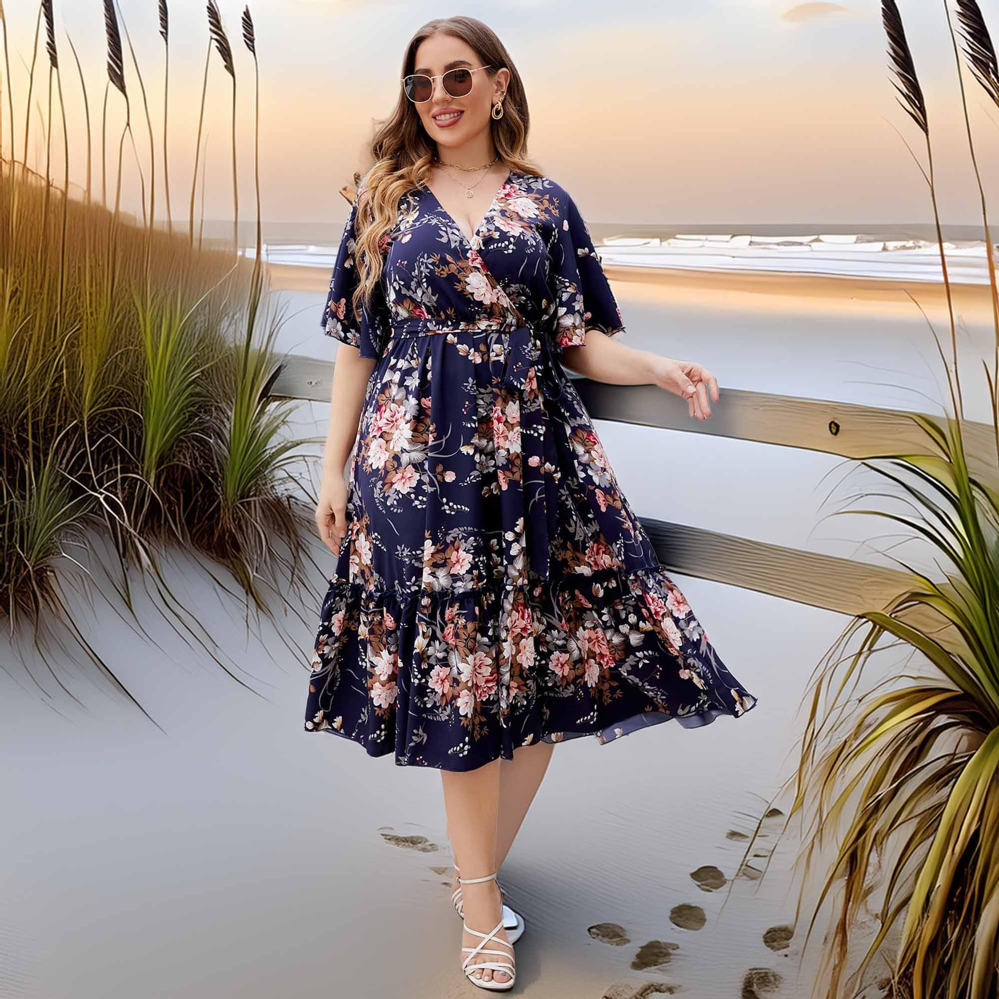 Honey Plus Size Floral Surplice Neck Midi Dress - Southern Shores Clothing