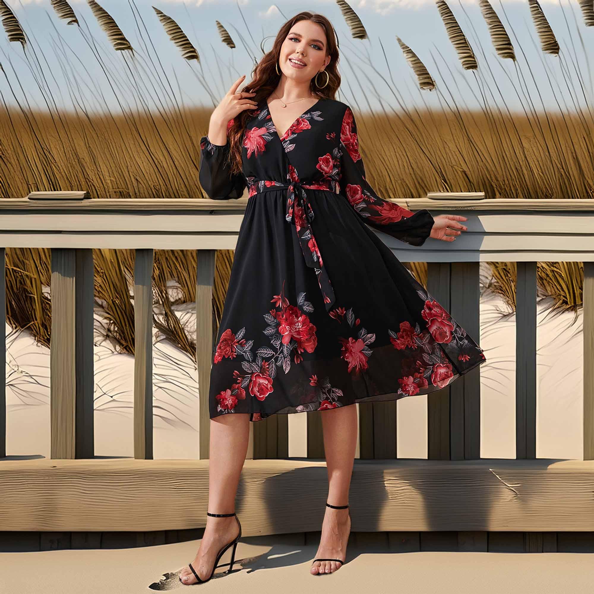Plus Size Floral Surplice Neck Tie Waist Dress - Southern Shores Clothing