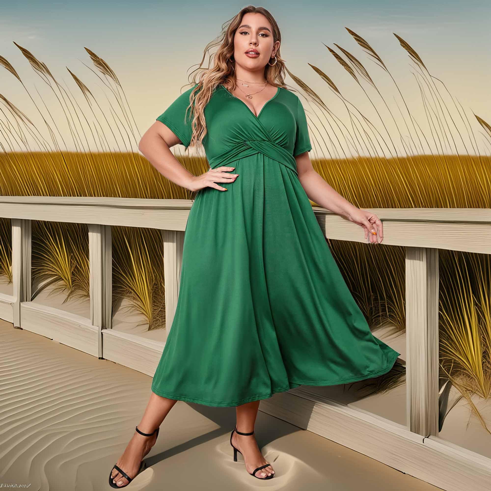 Plus Size Short Sleeve Surplice Neck Midi Dress - Southern Shores Clothing