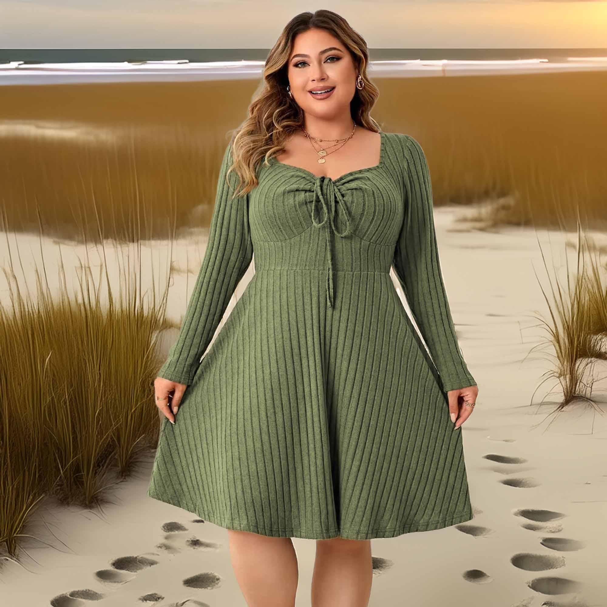 Plus Size Sweetheart Neck Long Sleeve Ribbed Dress - Southern Shores Clothing
