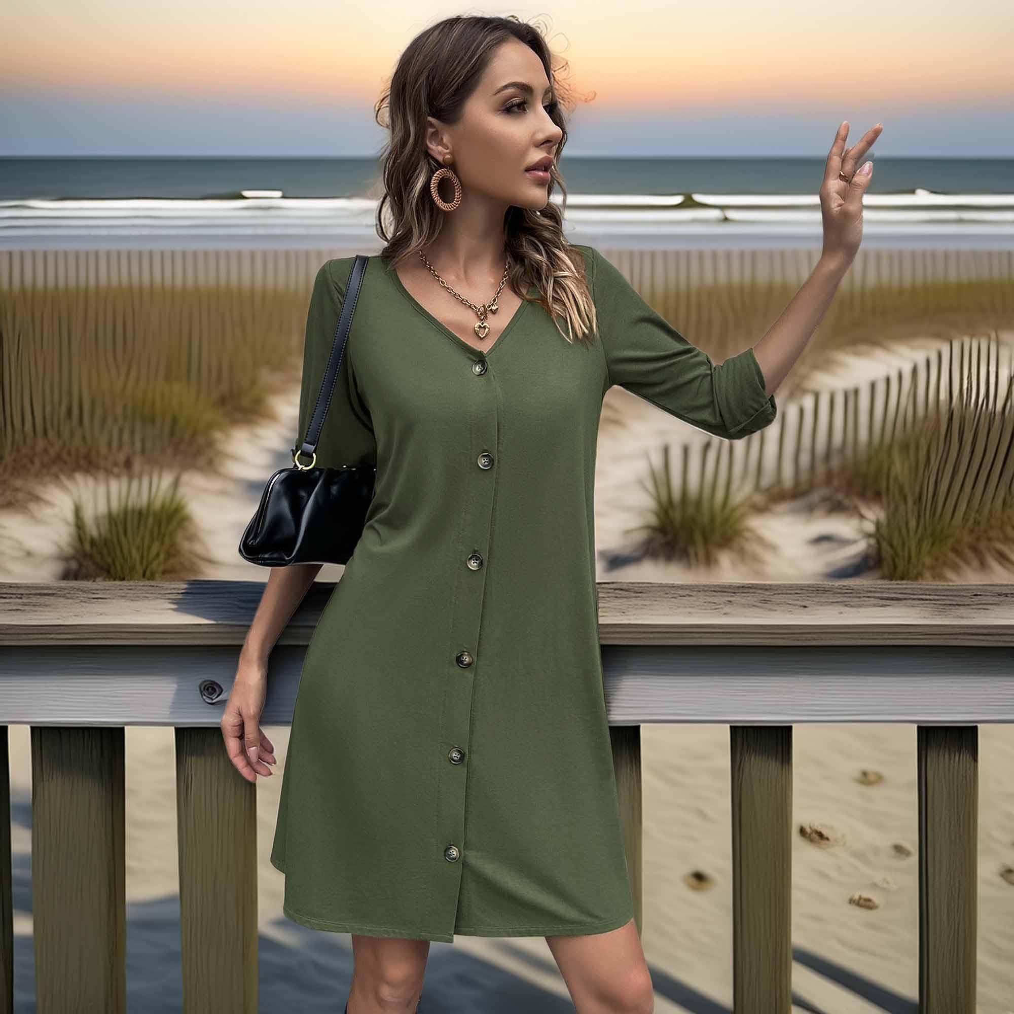 Casual Button Down V Neck Mini Dress Solid - Southern Shores Clothing