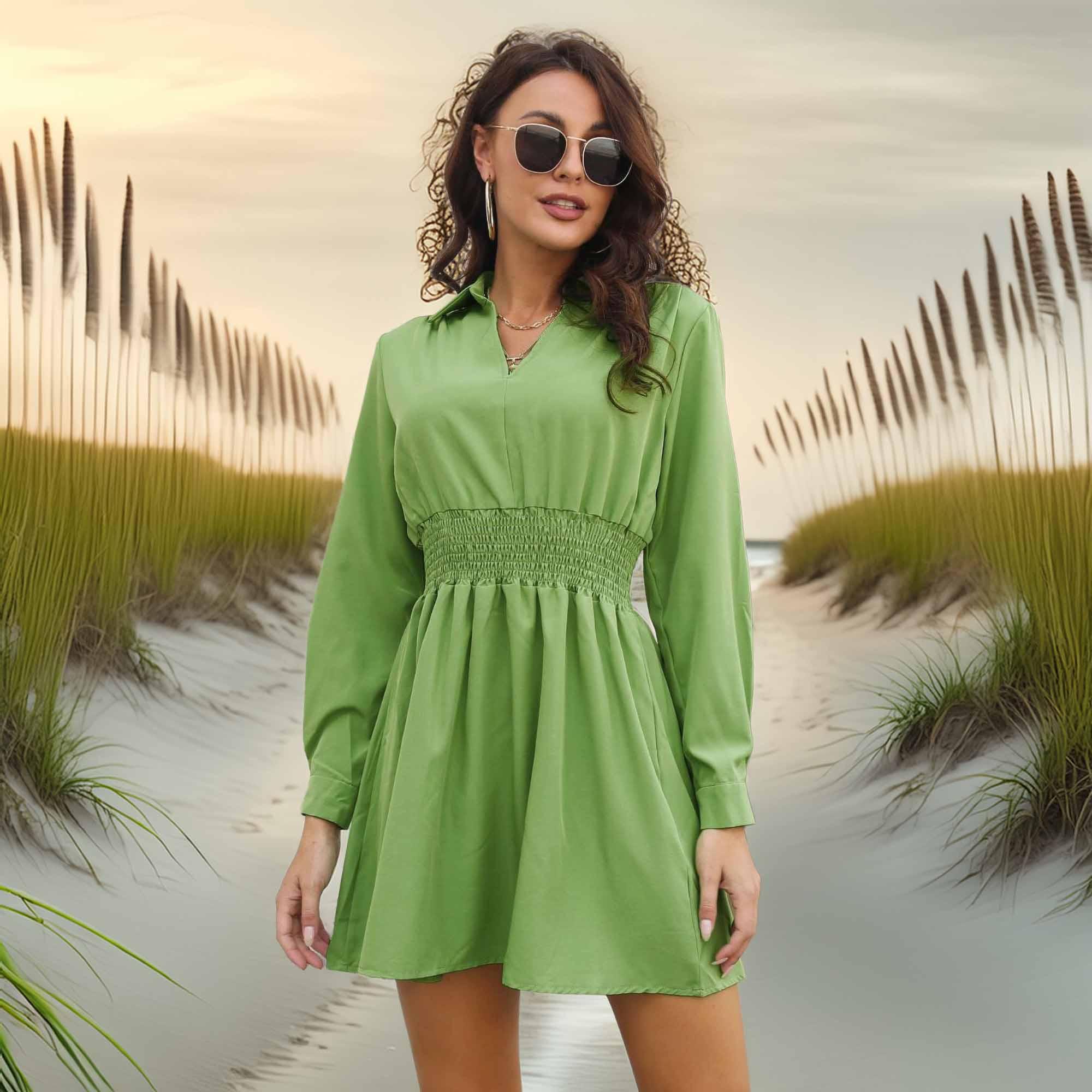 Johnny Collar Smocked Waist Long Sleeve Mini Dress - Southern Shores Clothing