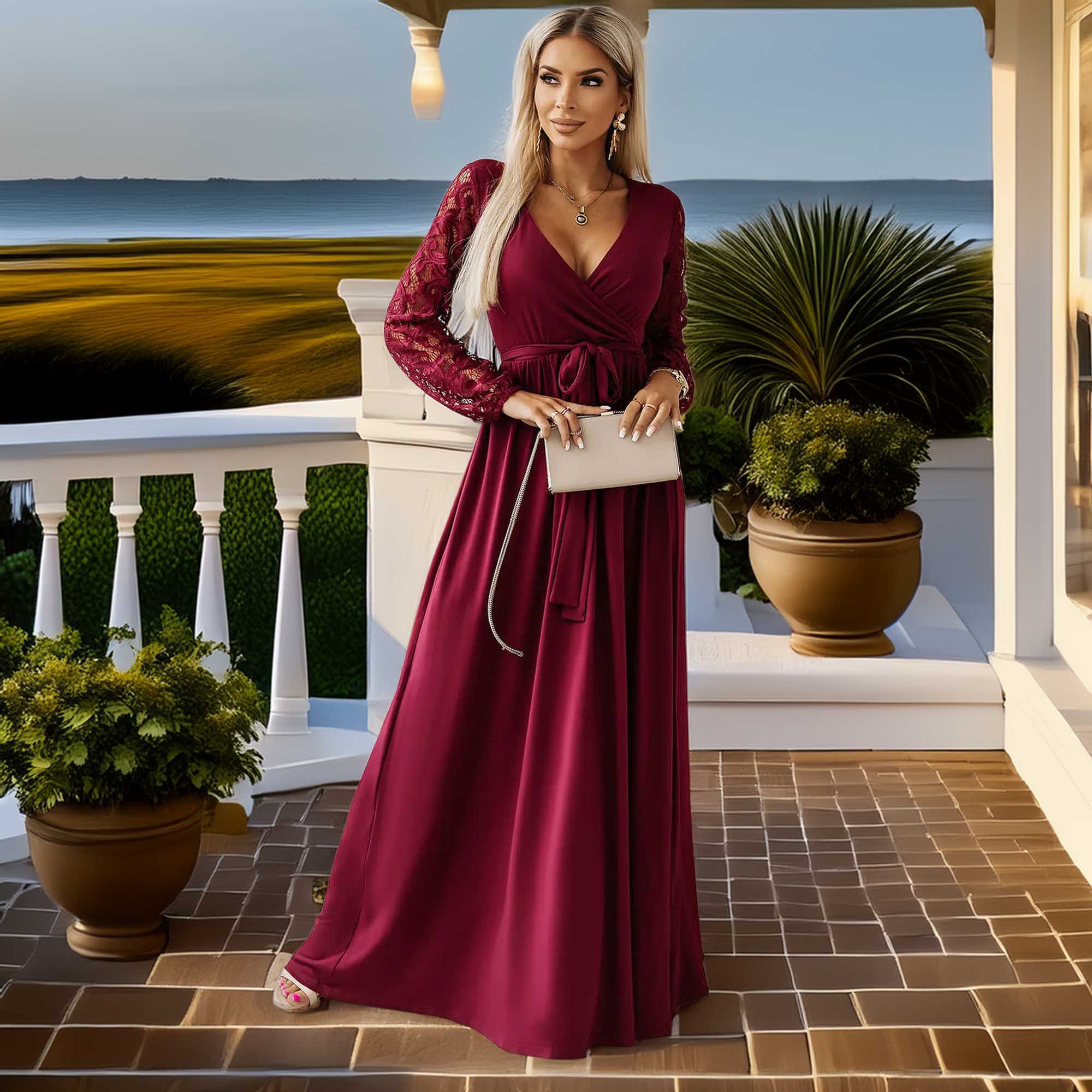 Lace Detail Surplice Tie-Waist Maxi Dress