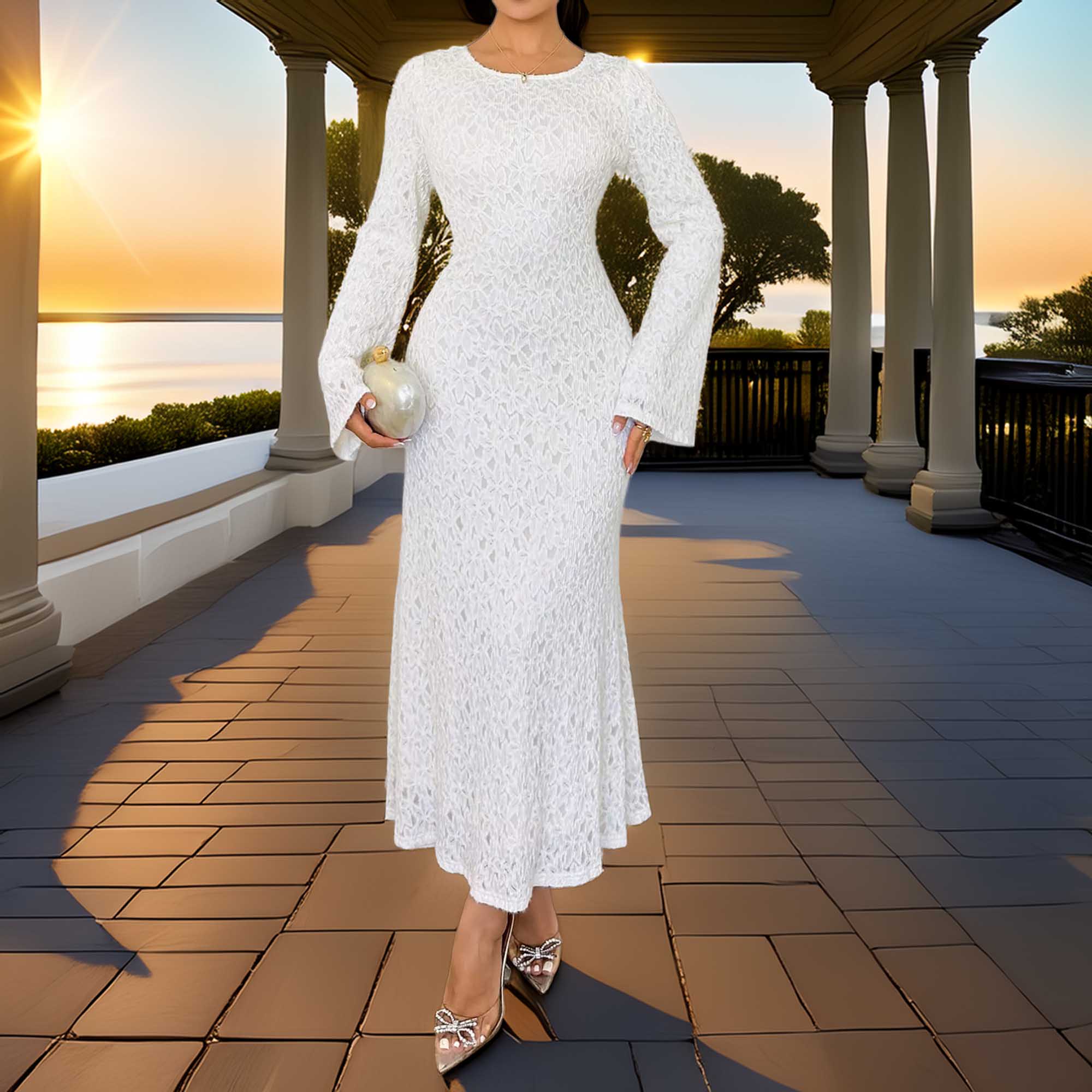 Lace Round Neck Flare Sleeve Dress