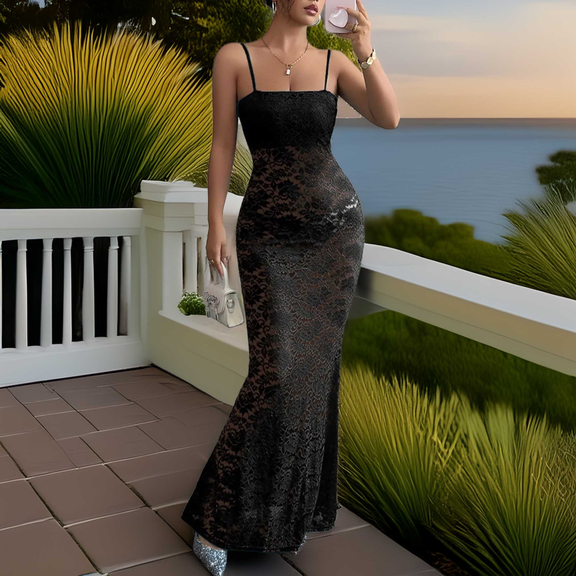 Lace Square Neck Maxi Cami Dress