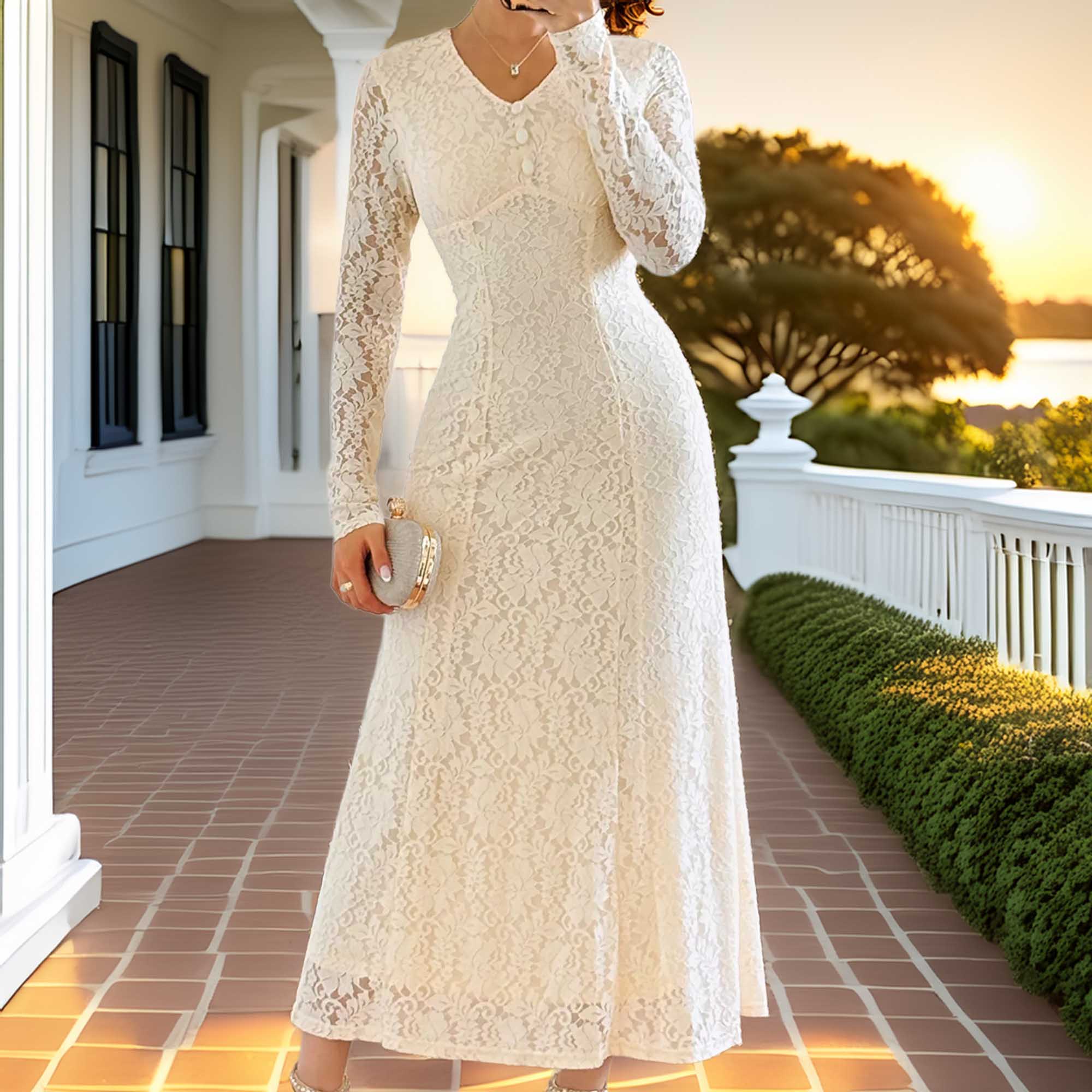Lace V-Neck Long Sleeve Magnolia Sophisticated Dress